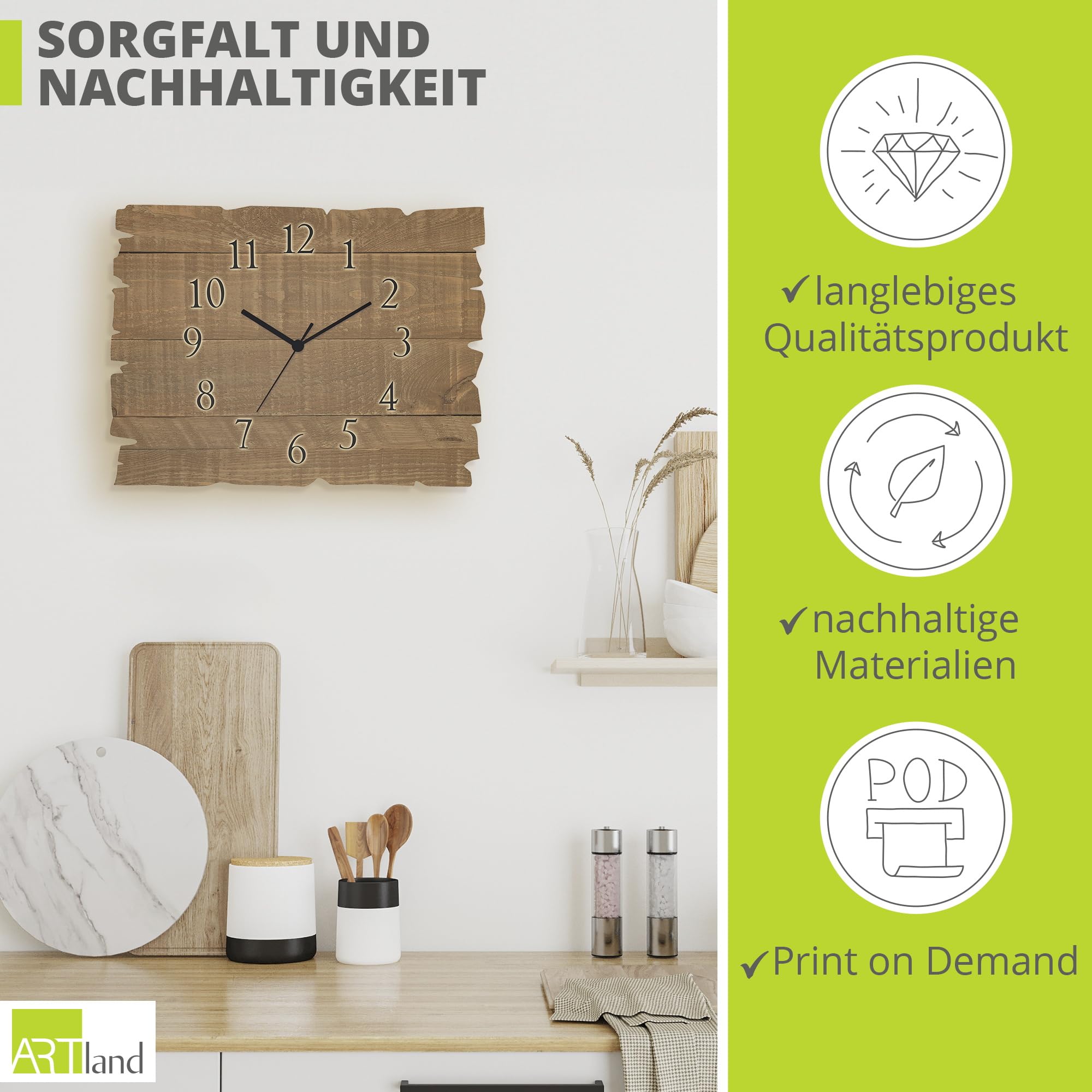 ARTLAND Wanddeko Wanduhr ohne Tickgeräusche aus Holz Funk Uhr lautlos 40x30 cm Rechteckig Muster Rustikal Landhausstil Braun U1UL