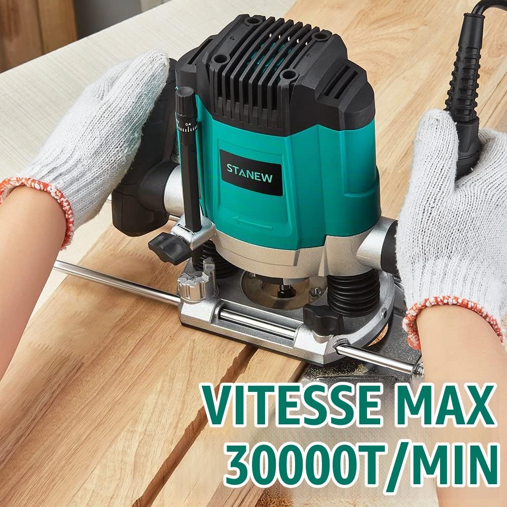 Défonceuse Verticale Electrique 1200 W 16000-30000 RPM STANEW, Profession Fresatrice Verticale avec Set de 12 fraises,6 Vitesses, Réglage de la Profondeur de Fraisage.