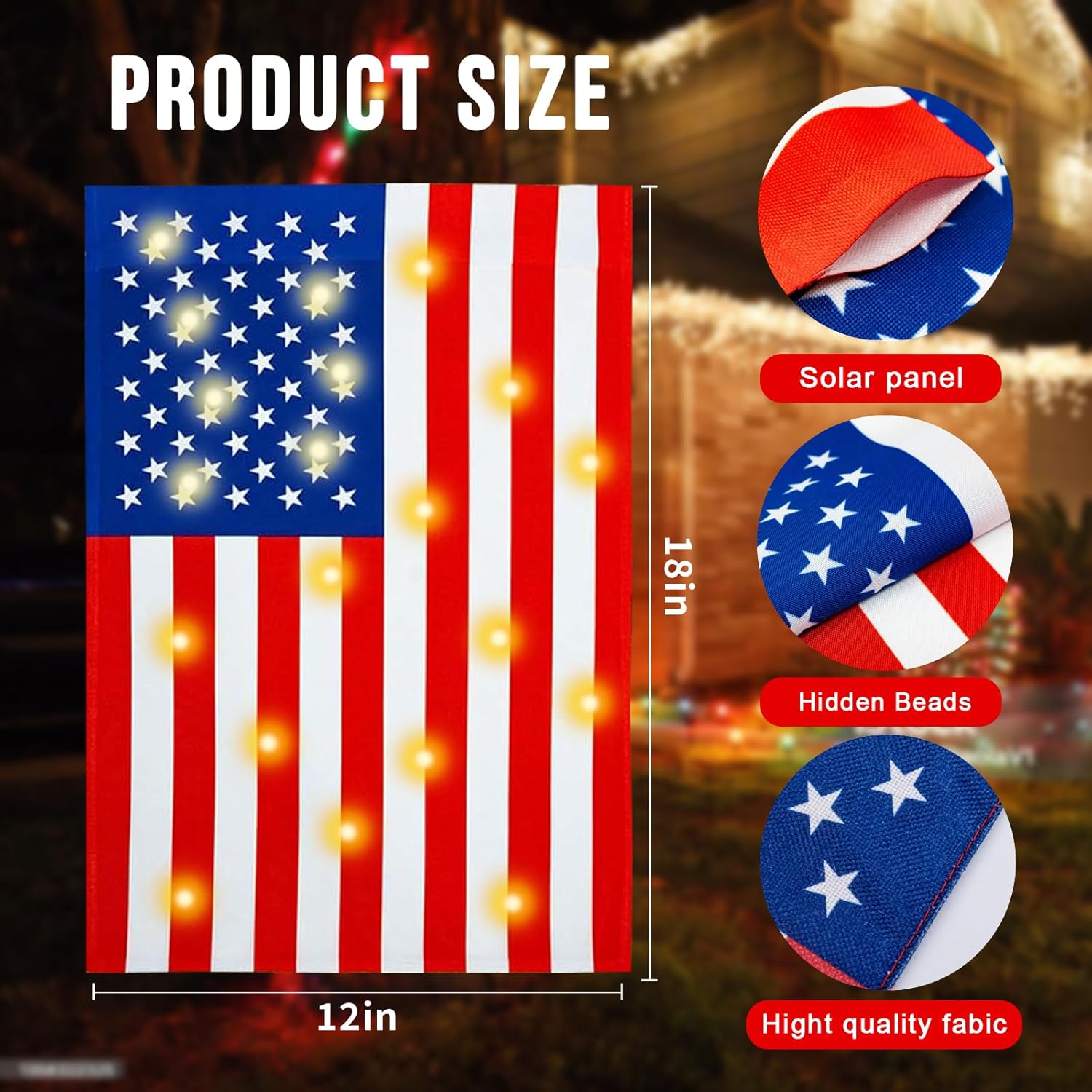 12 x 18 Double Sided American Garden Flag with Lights- Solar LED Burlap US Flag, Luminable Yard Garden Flag for Patio Lawn Outside Outdoor Decorative