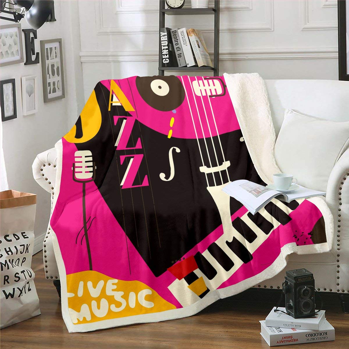 Coperta in pile per pianoforte e microfono,motivo musica jazz,coperta Sherpa,per bambini,strumenti musicali,coperta in peluche,per feste,per divano letto,200 x 220 cm