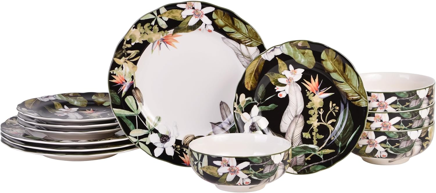 222 Fifth 12-Piece Porcelain Dinnerware Set for 4, Black & White Plates and Bowls Set with Tropical Floral Design, Glossy Ceramic Dish Set, Kitchen Tableware, Microwave & Dishwasher Safe, Borneo