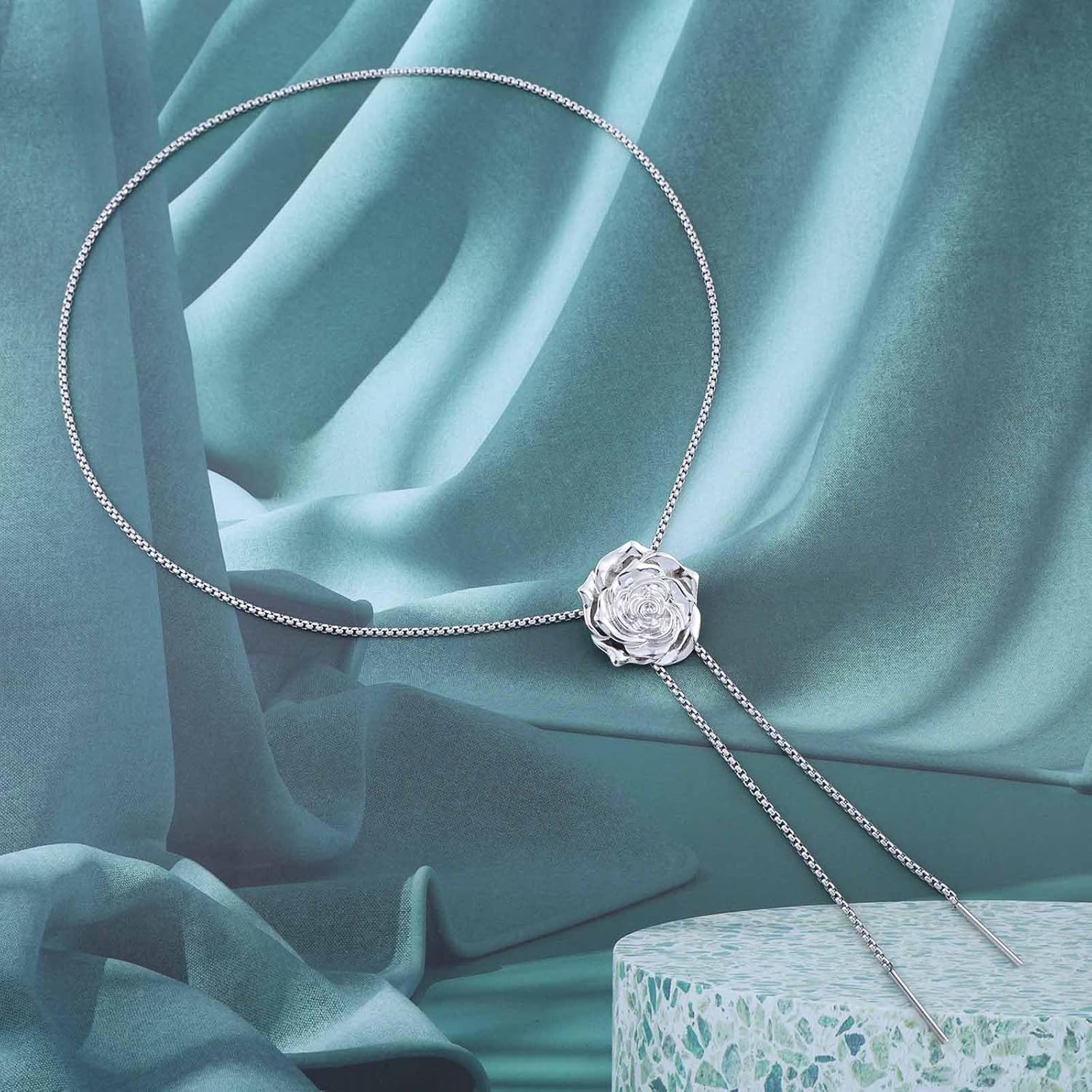 Bohemian Rose Y Drop Necklace Silver Rose Tassel Pendant Necklace Long Rose Flower Pull Chain Necklace Adjustable Flower Y Chain Necklace Jewelry for Women Gifts - Image 6