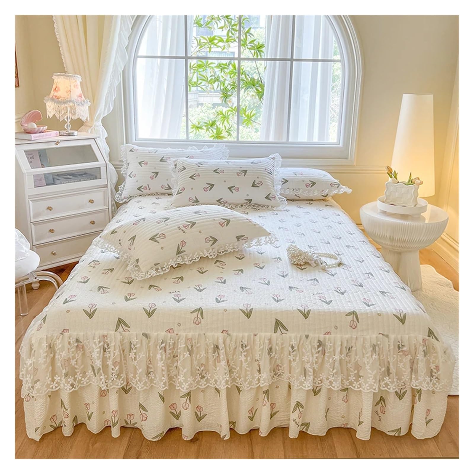 1 Piece Lace Skirt + 2 Piece Pillowcases Bedding Bedspreads Sheet Pink Lace Bedding Set Bed For Cover(04,Queen 180x220cm 3pc)