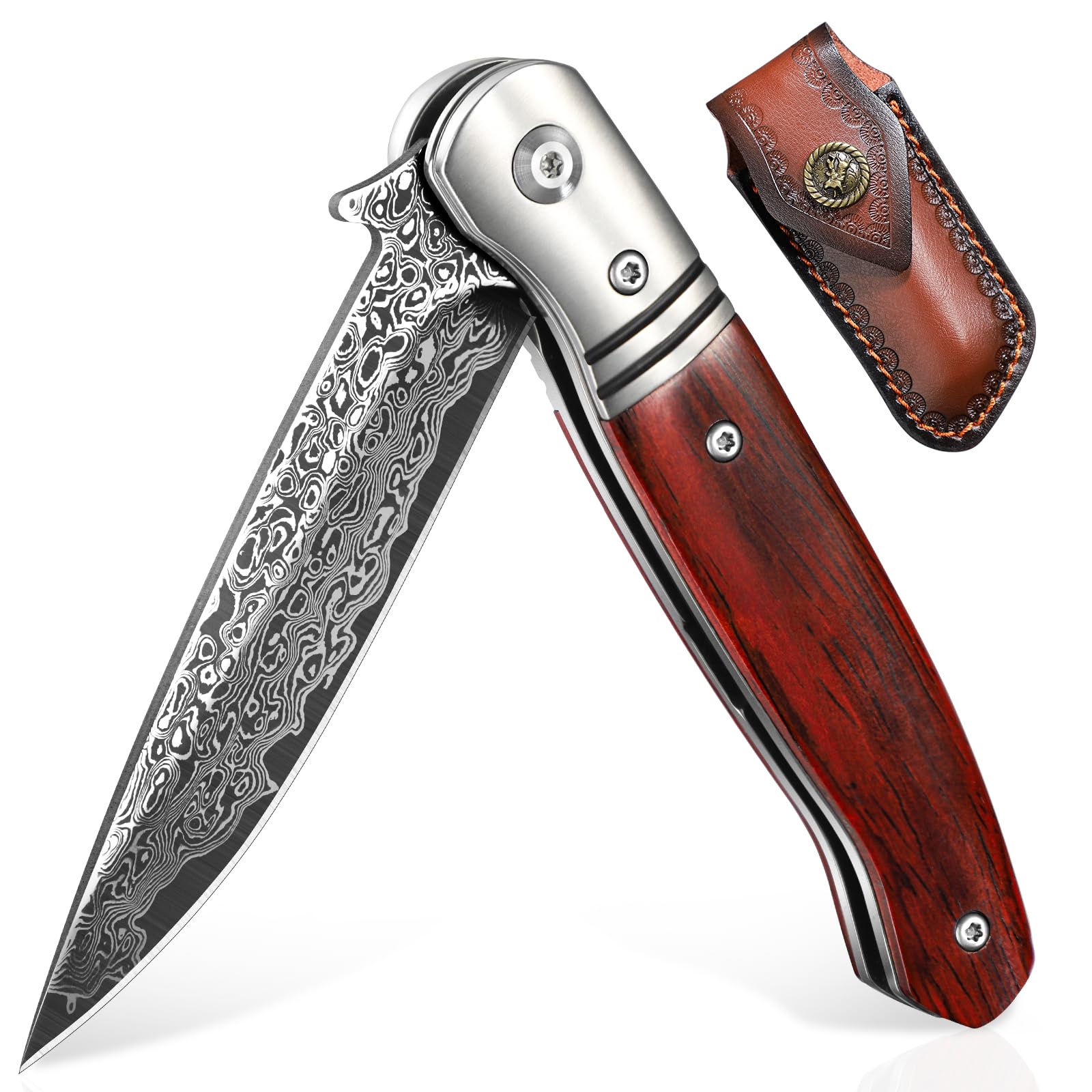 DRAGON RIOT Damast Klappmesser, Hochwertig Taschenmesser aus VG10 Edelstahl Einhandmesser mit Leder Scheide, Damastmesser für Wandern Bushcraft Camping Geschenke für Männer