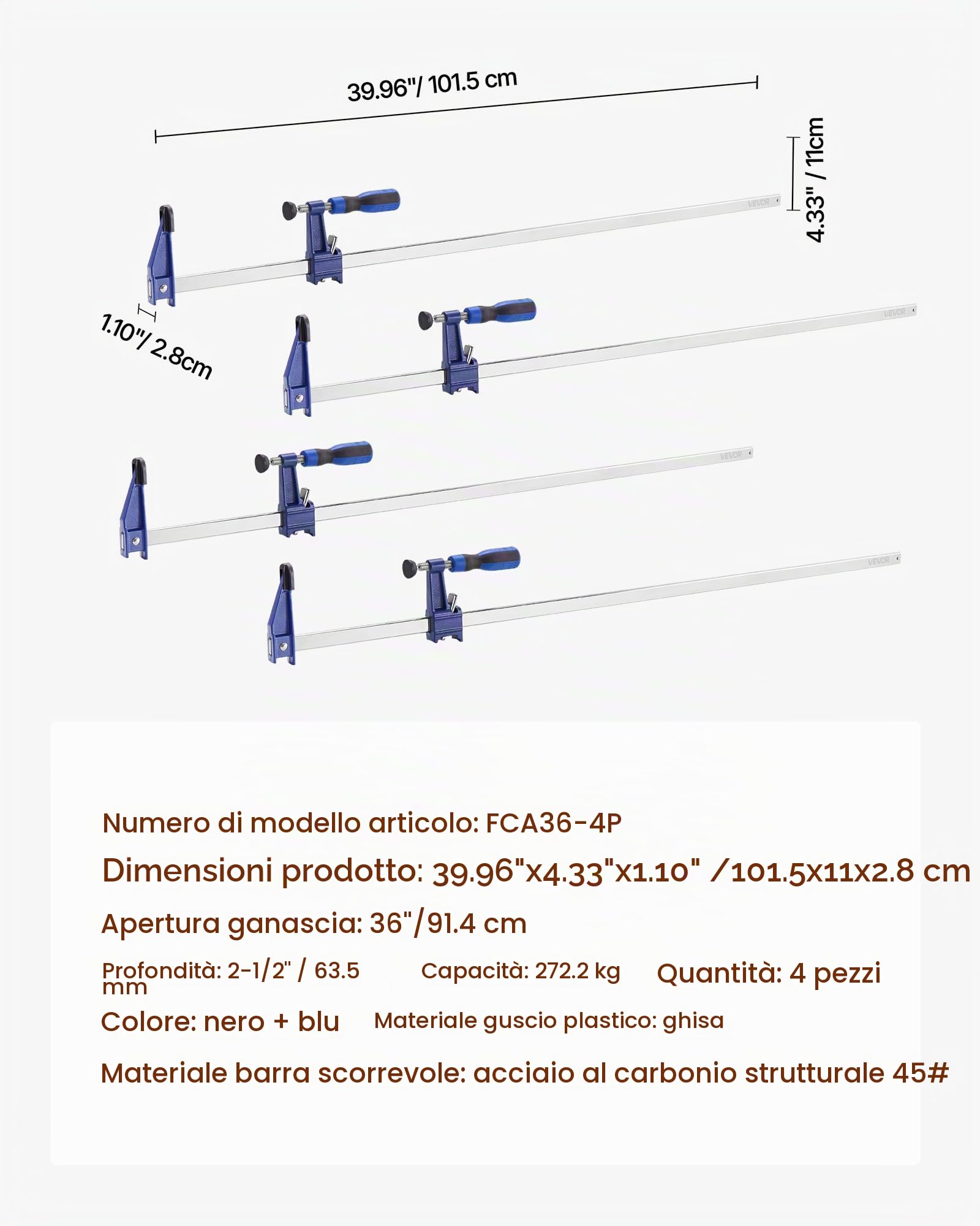 VEVOR Morsetti a Barra Lavorazione Legno 4 Pezzi, Apertura 91,4 cm, Morsetto a F Bloccabile Carico max. 272 kg, Profondità 63,5 mm, Set di Morsetto da Falegname Materiale in Ghisa Acciaio al Carbonio