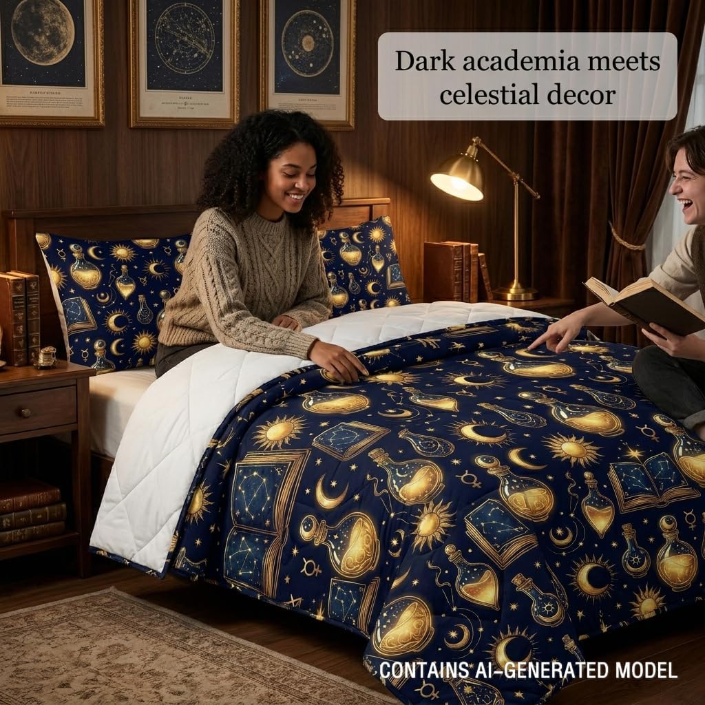 BEDMUST Fantasy Celestial Quilt Set with Gold Moon Sun Potion and Constellation Book Pattern, Navy Microfiber Lightweight Bedspread for Teen Girls and Dorm Room Decor, Full/Queen
