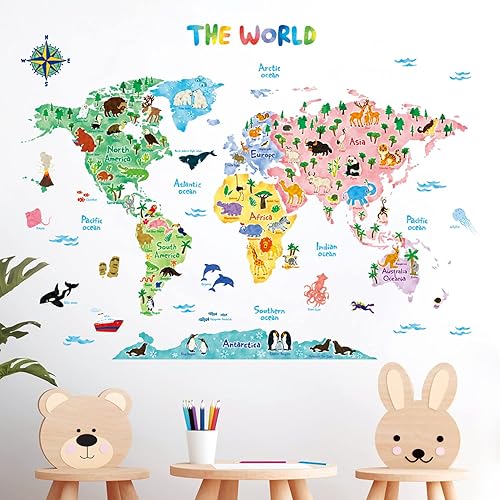 Vista 8 de DECOWALL SG2-1615S - Calcomanías de pared para niños, diseño de mapa del mundo animal, calcomanías de pared extraíbles para niños, guardería