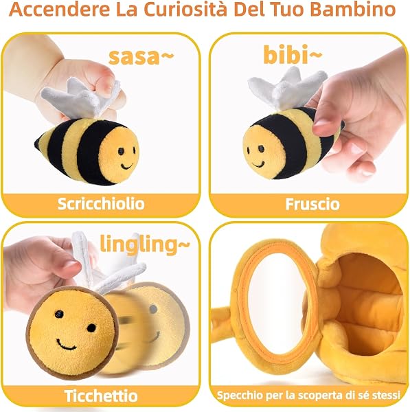 VORENUS Giochi Neonato 6-12 Mesi - Alveare Morbido con 5 Api Sonaglio/Specchio Neonati Montessori Sensoriale Educativo per Bambini 1 2 3 Anni, Regalo 6 9 12 18 Mesi Bimbo Bimba - 3