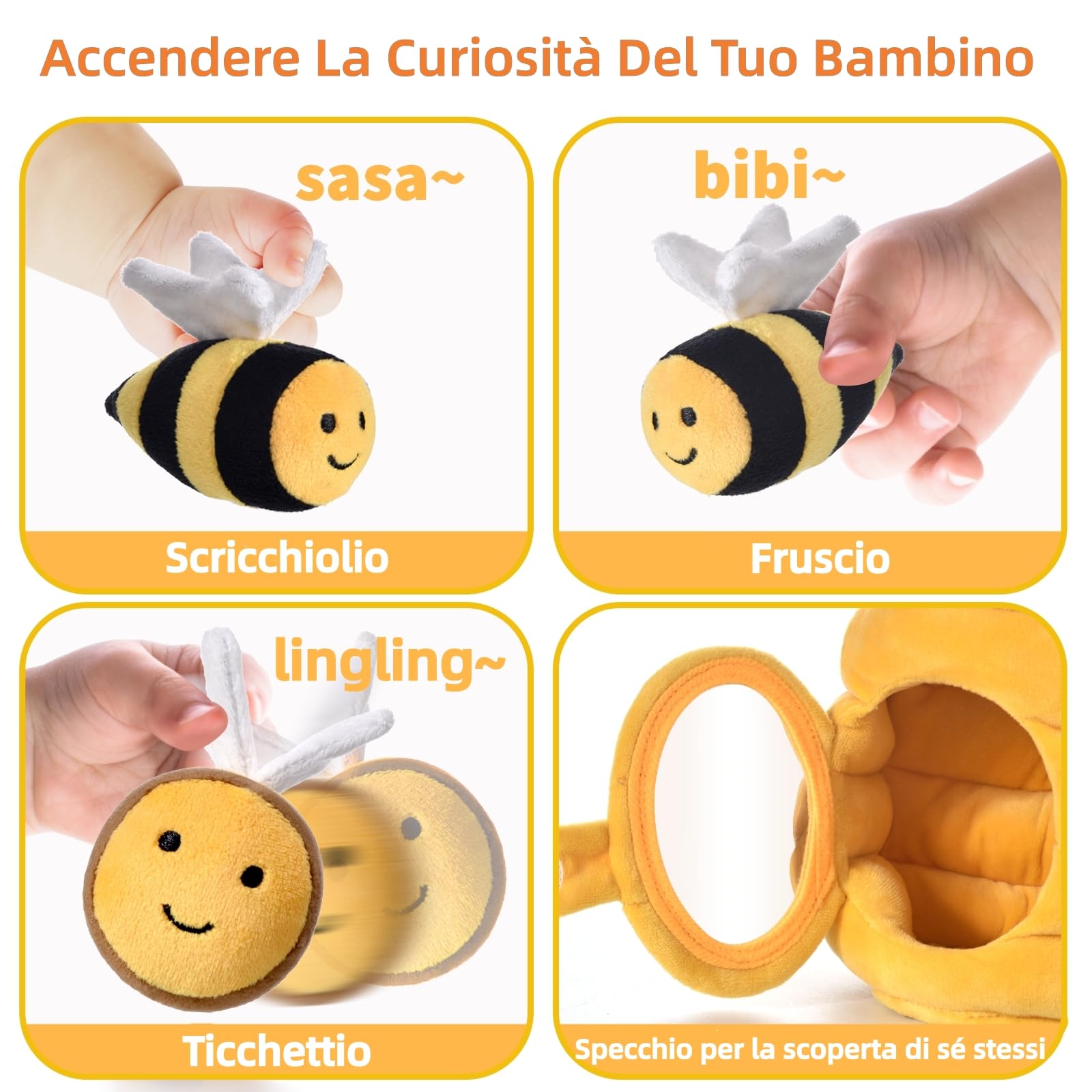 VORENUS Giochi Neonato 6-12 Mesi - Alveare Morbido con 5 Api Sonaglio/Specchio Neonati Montessori Sensoriale Educativo per Bambini 1 2 3 Anni, Regalo 6 9 12 18 Mesi Bimbo Bimba