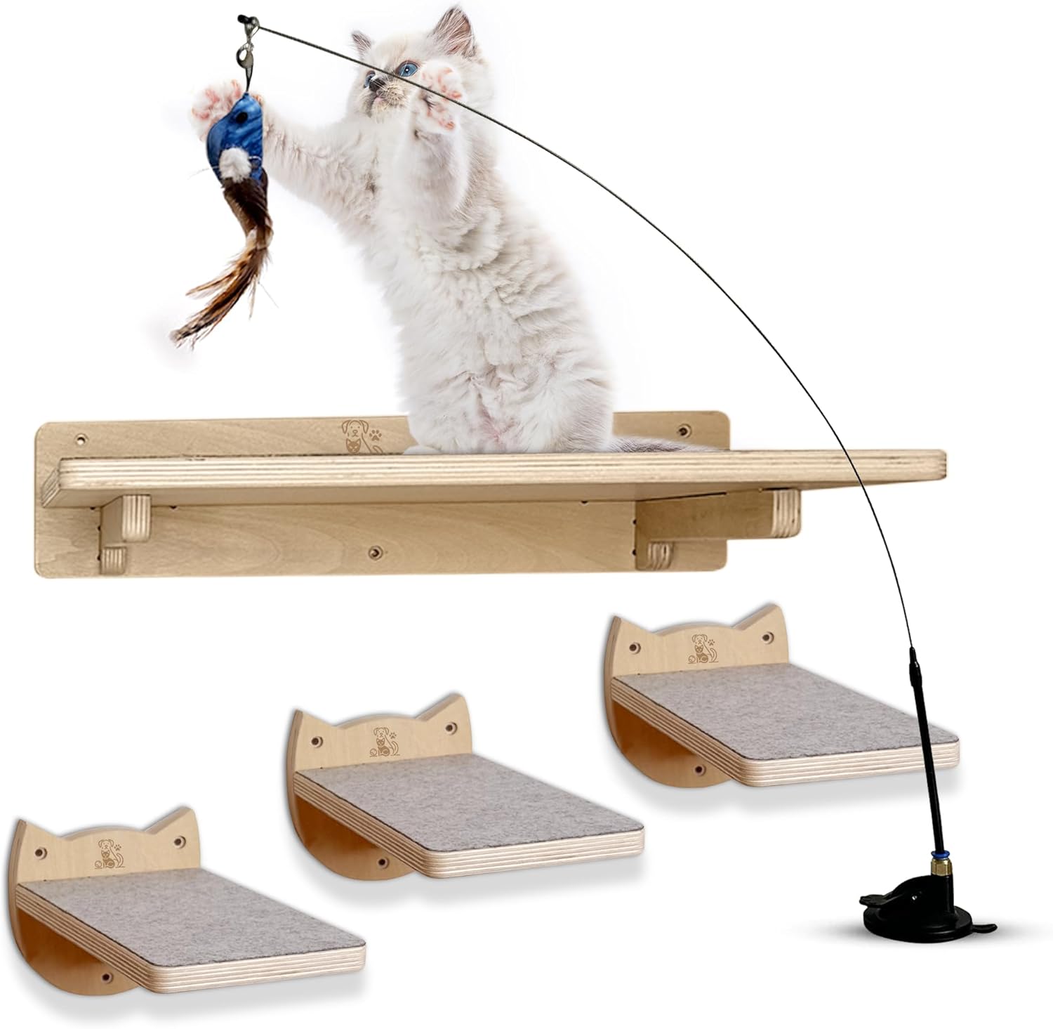 Snuggle & Play Cat Wall Shelves & Climbing System – Modern Furniture Set with 3 Steps & Perch for Indoor Cats, Includes Wand Toy