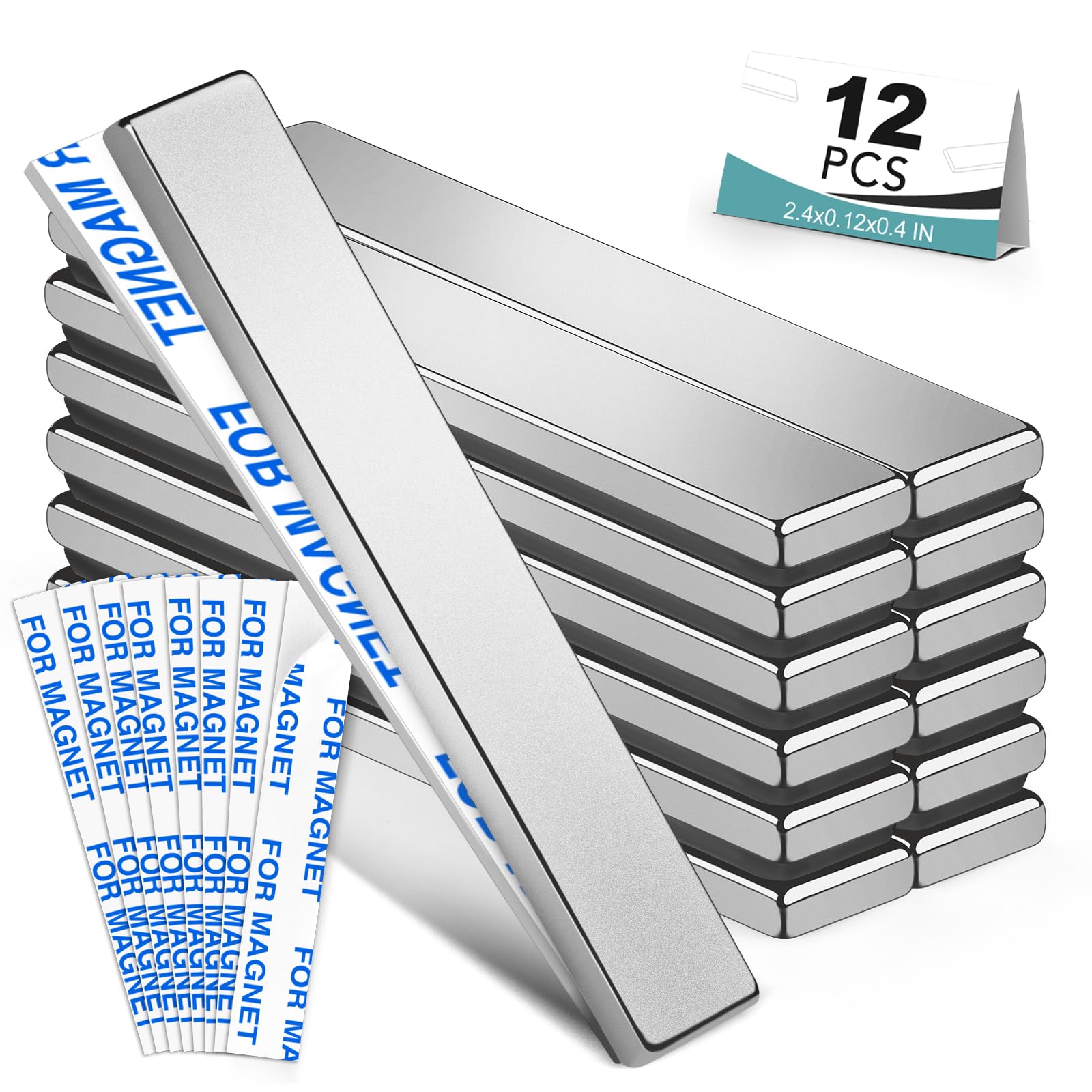 Photo 1 of 12 Pack Strong Neodymium Bar Magnets?Powerful Rare Earth Neodymium Magnets with Double-Sided Adhesive Perfect for Fridge, Garage, Kitchen, Craft, Office etc 60 x 10 x 3 mm