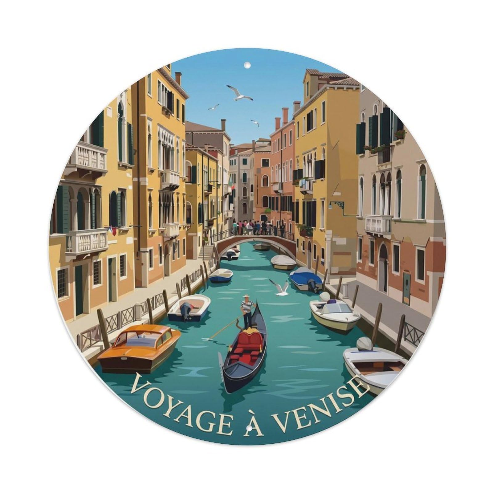 Venice Waterway Gondola Vintage Italian Canal Travel Holiday Metal Tin Sign Plaque Wall Decor for Cafe, Man Cave, Club Bar, Office, Home Garden Round Metal Poster 8x8Inch