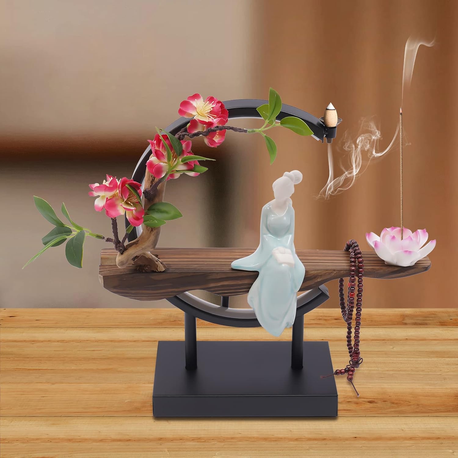 Black Backflow Incense Holder with Moon-Shaped LED Light, Ceramic Backflow Incense Burner Perfect for Relaxing or Home Decor, 12.6 * 13.8in