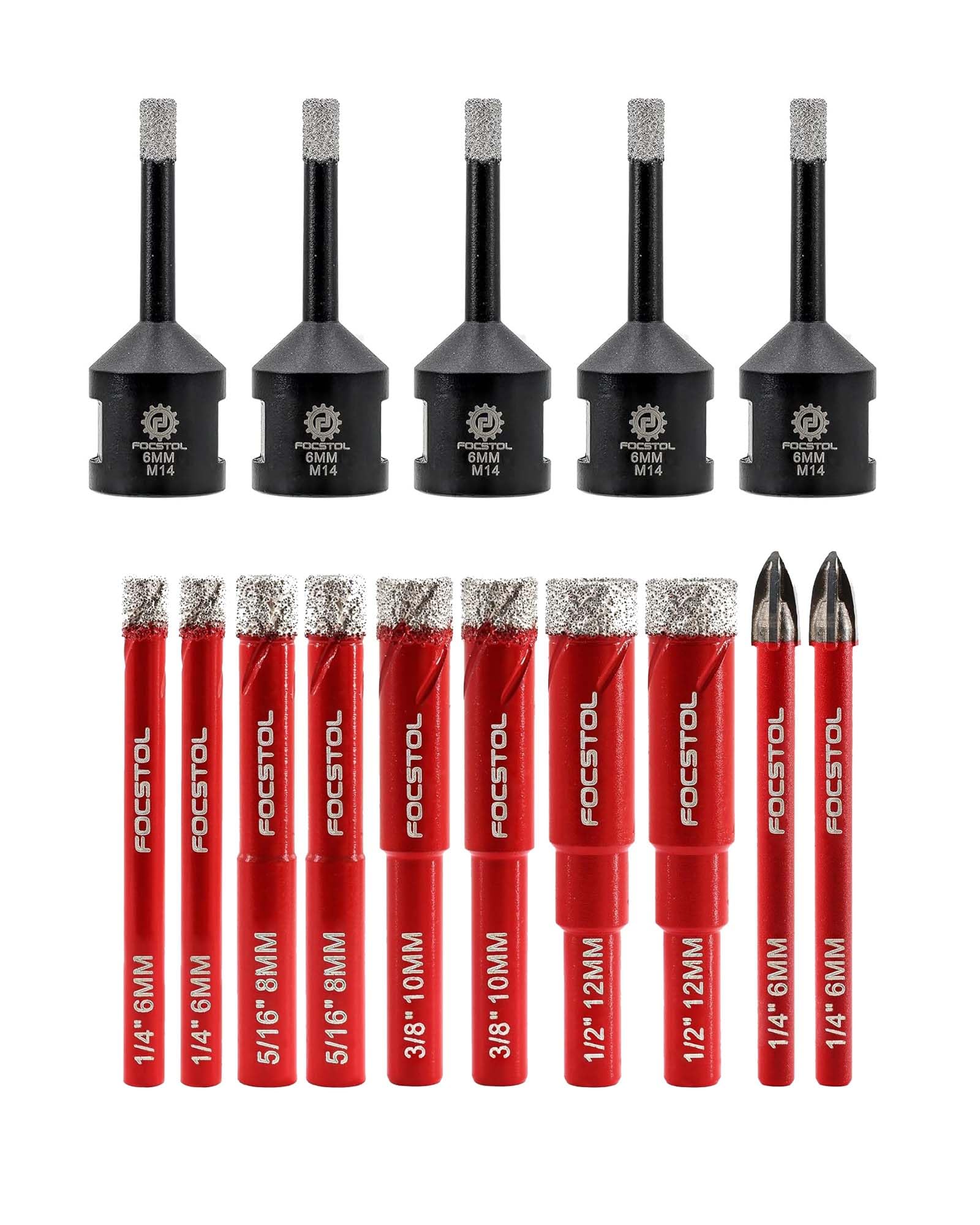 FOCSTOL Juego Brocas Diamante Seco 10 piezas (6mm*2+8mm*2+10mm*2+12mm*2+6mm*2) y Brocas Diamante 5 piezas Corona Diamante