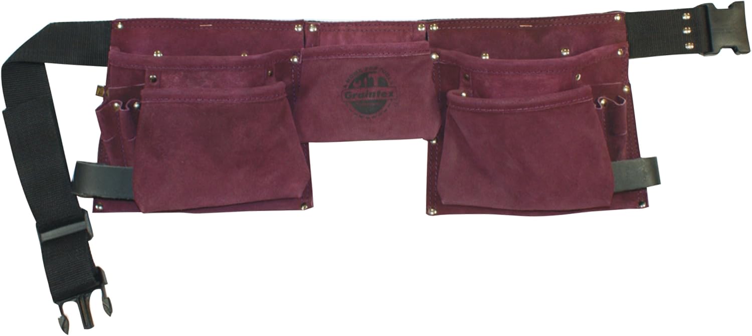 Graintex DS1125 :: 8 Pocket Purple Tool Belt in Suede Leather with 2” Webbing Belt, 2 Leather Hammer Holders Loops, Purple