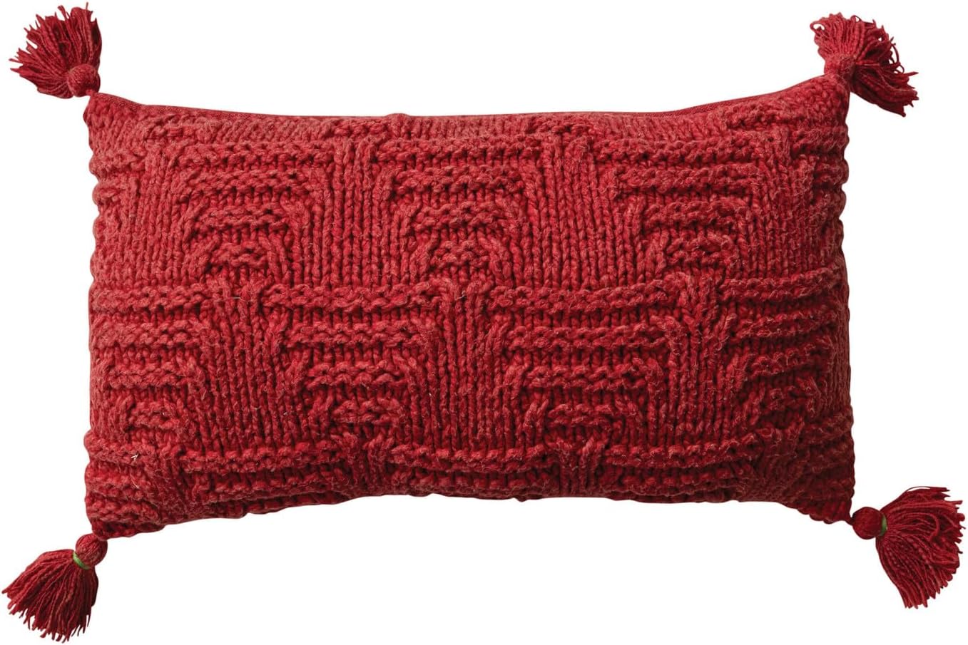 Creative Co-Op, Red Woven Cotton Knit Lumbar Pillow with Tassels, Sandwashed Finish