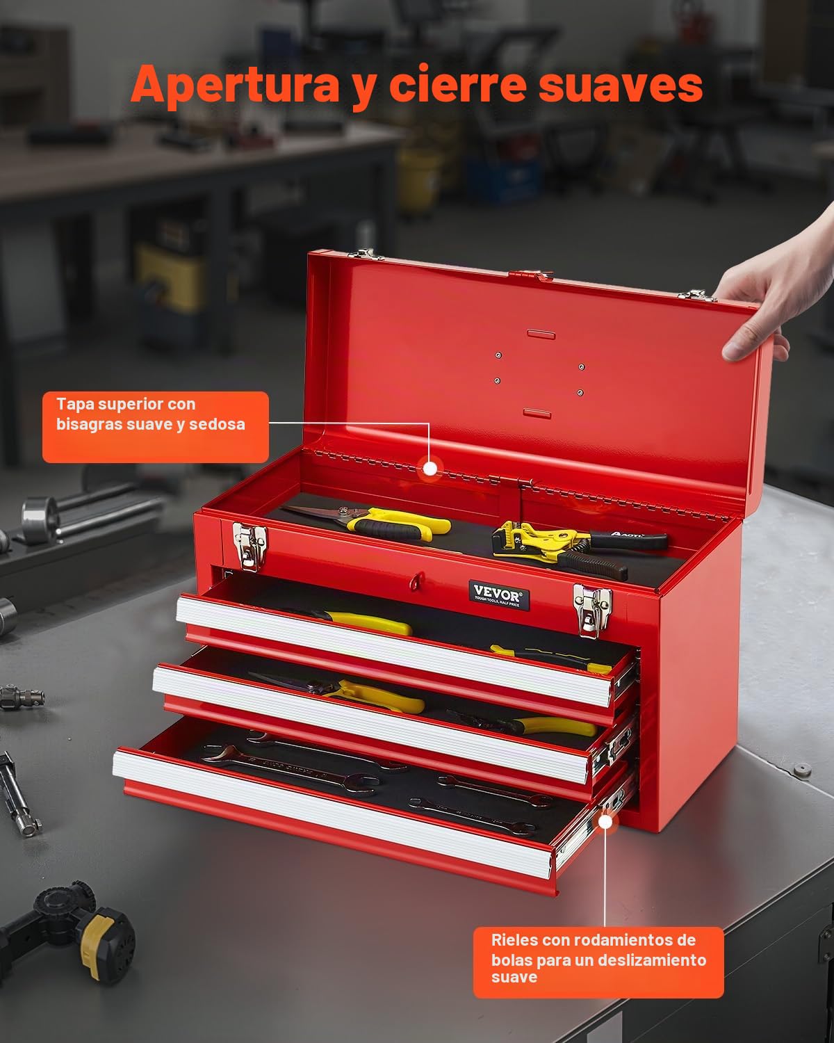VEVOR Caja de Herramientas Portátil de Metal 520 x 218 x 304 mm, Cofre de Herramientas Pequeño con 3 Cajones y Revestimiento de EVA, Cajones Deslizantes con Cojinetes de Bolas con Cerradura, Rojo