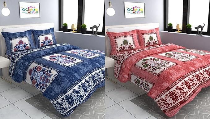 MORADO Woolen Heavy Fleece Warm Floral Double Bedsheet with Two Pillow Covers for Winter (90 - 100 Inches, Grey and Peach, Combo of 2)