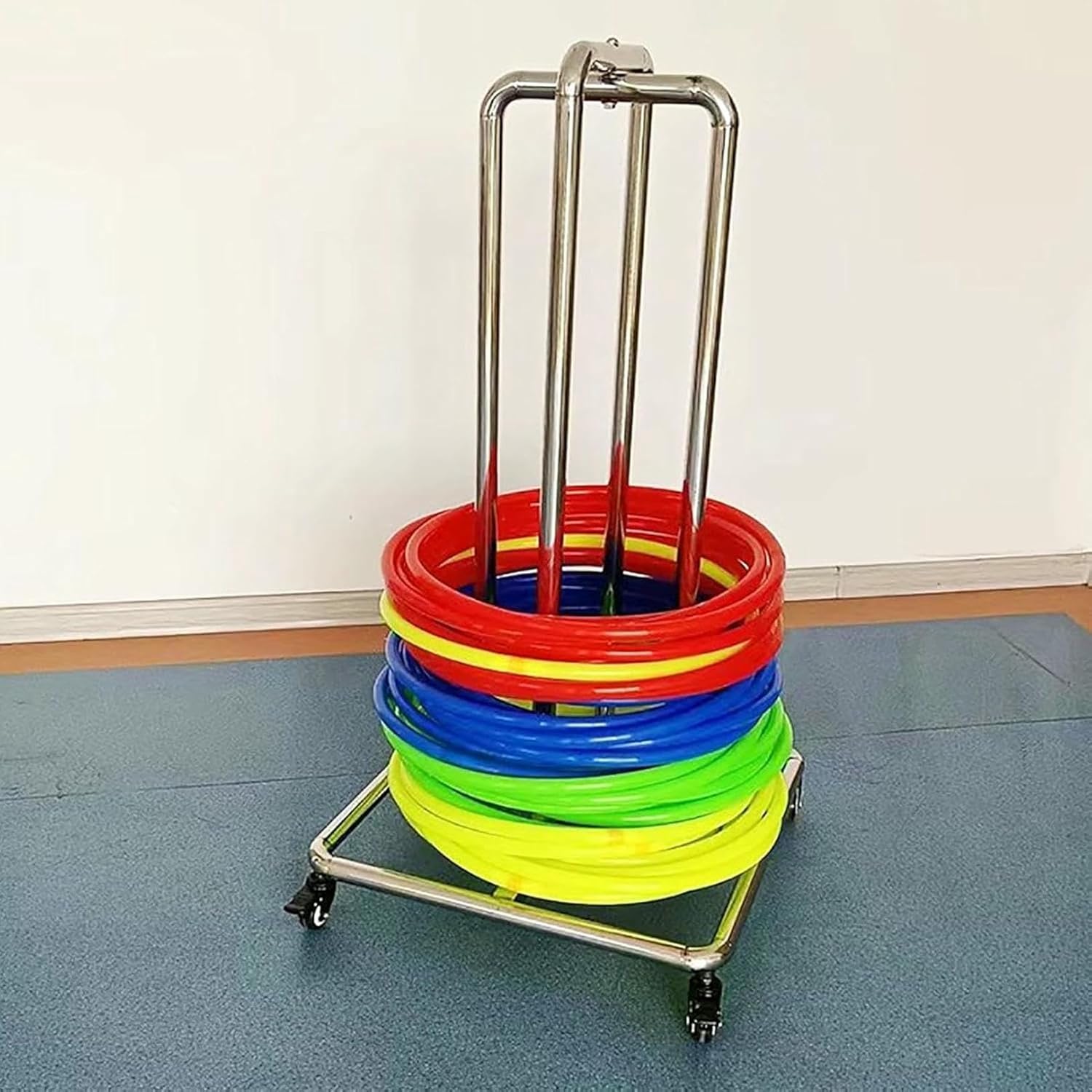 Stainless Steels Hula Hoop Metal Holder with Wheel, Movable Sports Hoop Organizer Cart, Floor Standing Gymnastics Hoop Storage Rack