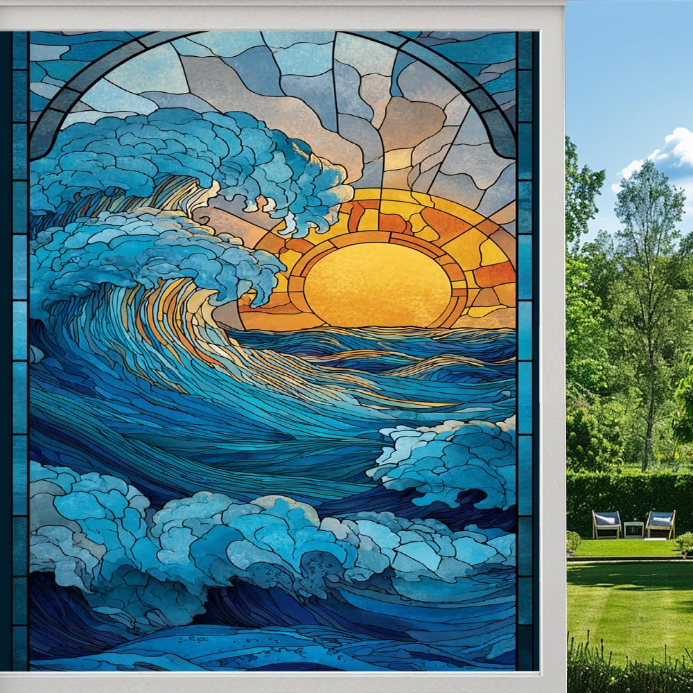 Pmlbaous Abstract Sea Wave Frosted Window Film, Sunrise Ocean Scenery Stained Glass Privacy Film, Heat Insulation Self-Adhesive Vinyl For Bathroom Office, （55X100cm）