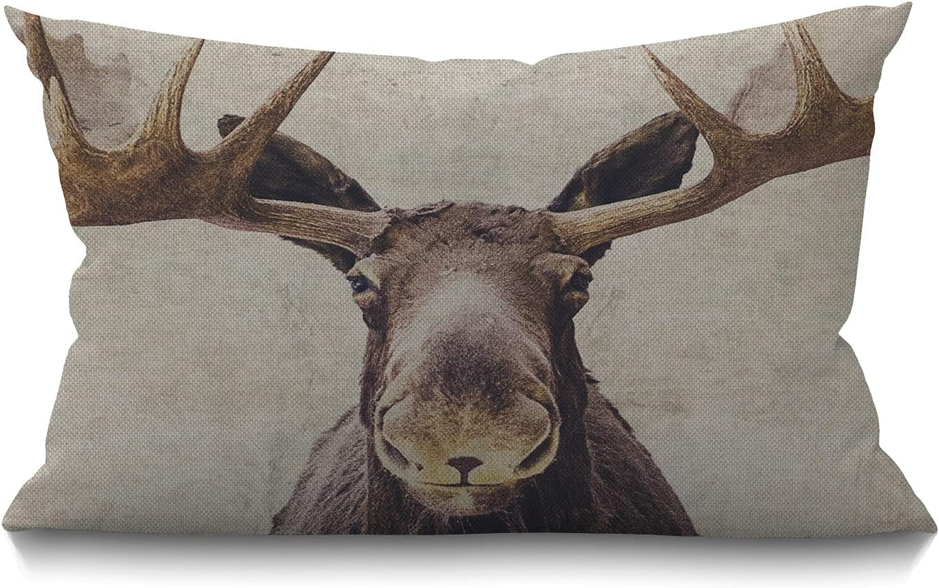 Smooffly Farmhouse Pillow Covers Moose 12" x 20" Lumbar Pillow Covers Home Decorative Cotton Linen Cushion Case for Sofa Couch Housewarming Gifts Family Room Décor