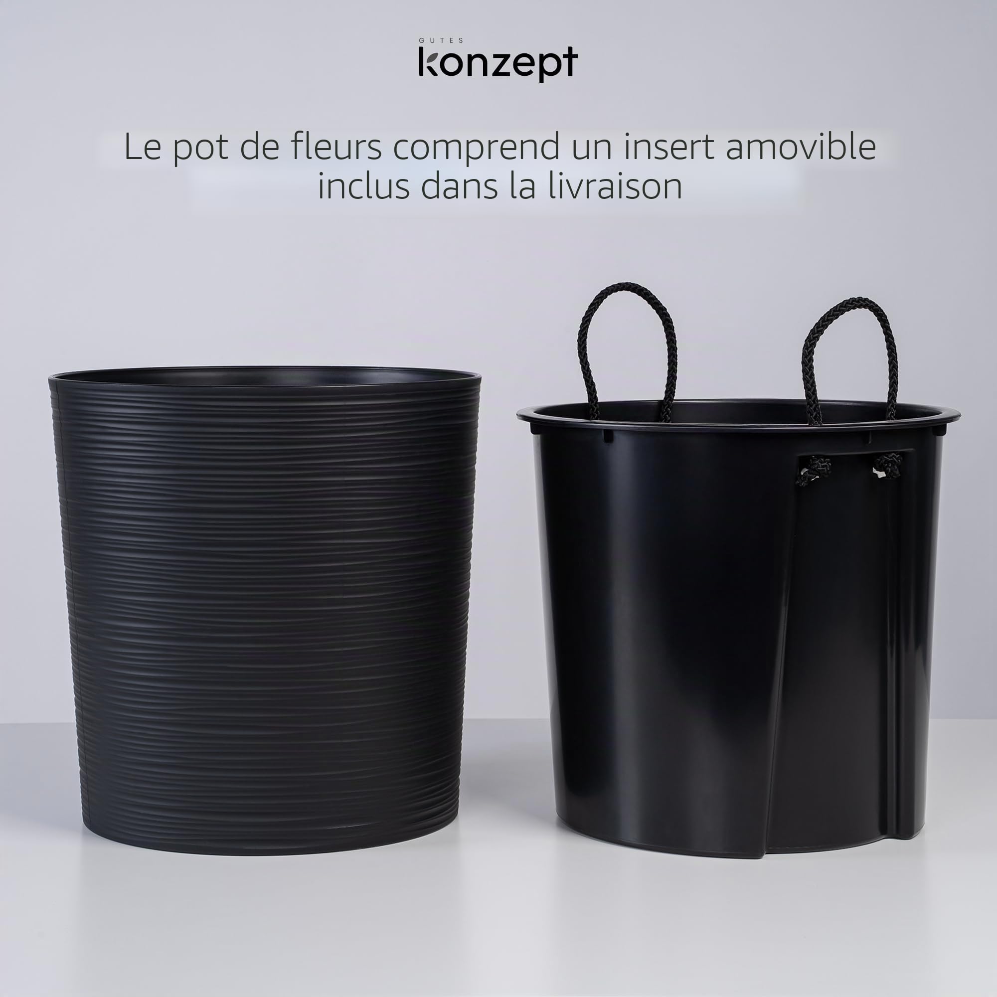 KONZEPT Grand pot de fleurs, pour l'intérieur, 30 cm, en plastique, noir, design traces de burin, avec insert intérieur