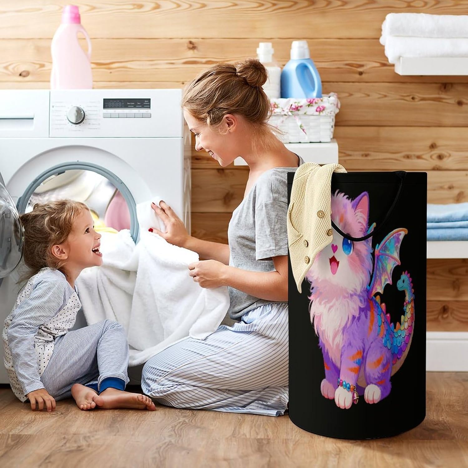Dragon Cat Laundry Hamper Portable Lightweight Clothes Hampers Fashion Dirty Laundry Storage Basket Large Capacity Foldable Clothes Baskets for Bathroom Bedroom