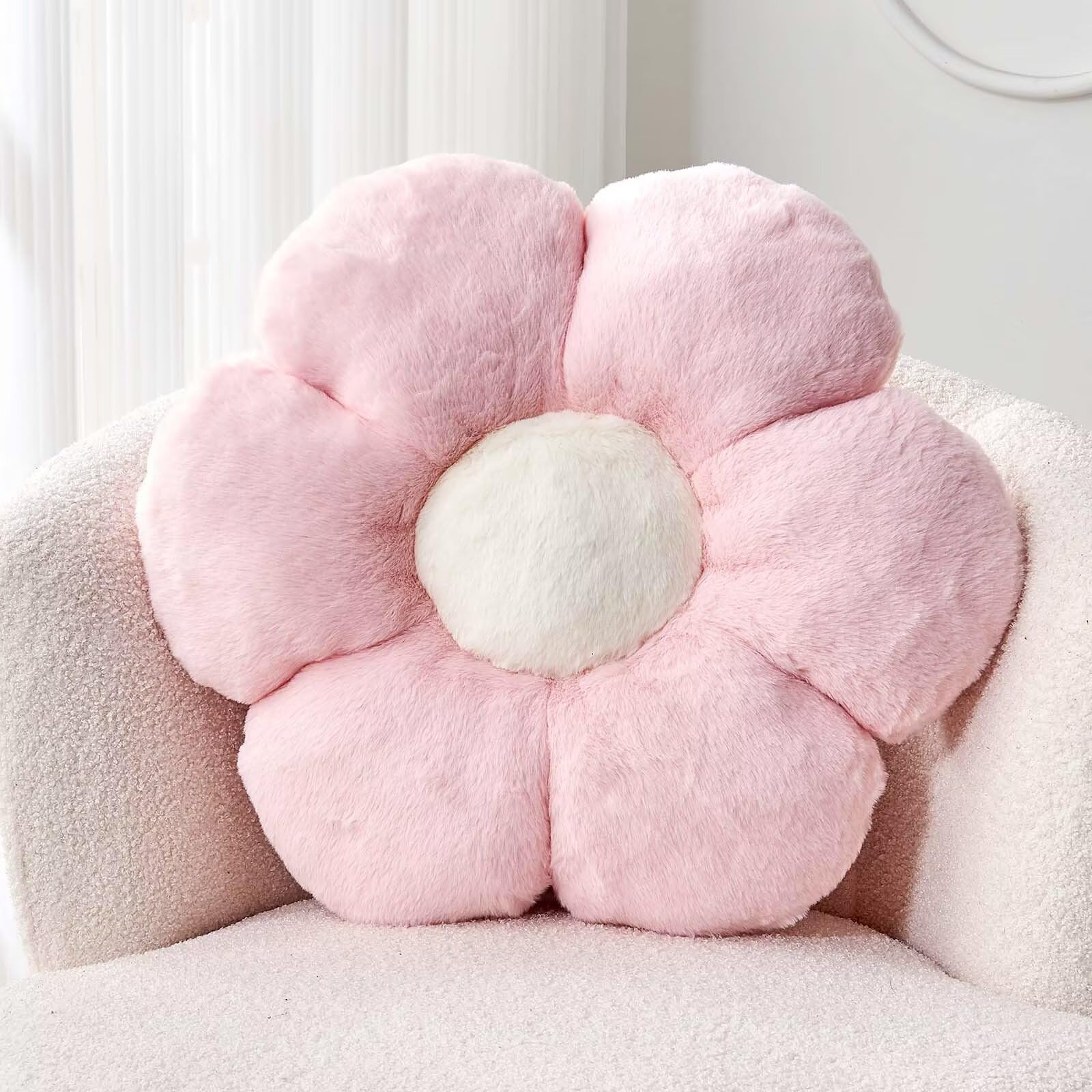 Kcvvcr Flower Pillow Cute Decorative Throw Pillow with Faux Rabbit Fur Soft Daisy Plush Floor Cushion Aesthetic Flower Shaped Pillow Home Decor for Bed Sofa Couch (Pink, 17.7 Inch)