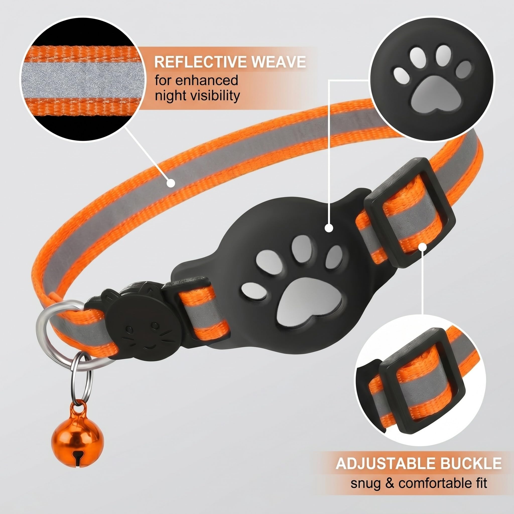 1 Collier Chat avec Support Compatible avec Airtag, Collier GPS Réfléchissant Extensible Orange, avec Silicone, Anti étranglement pour Chats et Chiots