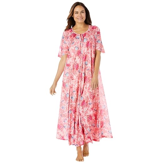 Only Necessities Women's Plus Size Sweeping Printed Lounger House Dress or Nightgown - 14/16, Peach Cream Boho Pink