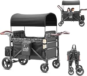Rovique 4 Seater Wagon Stroller for Kids, Foldable Black