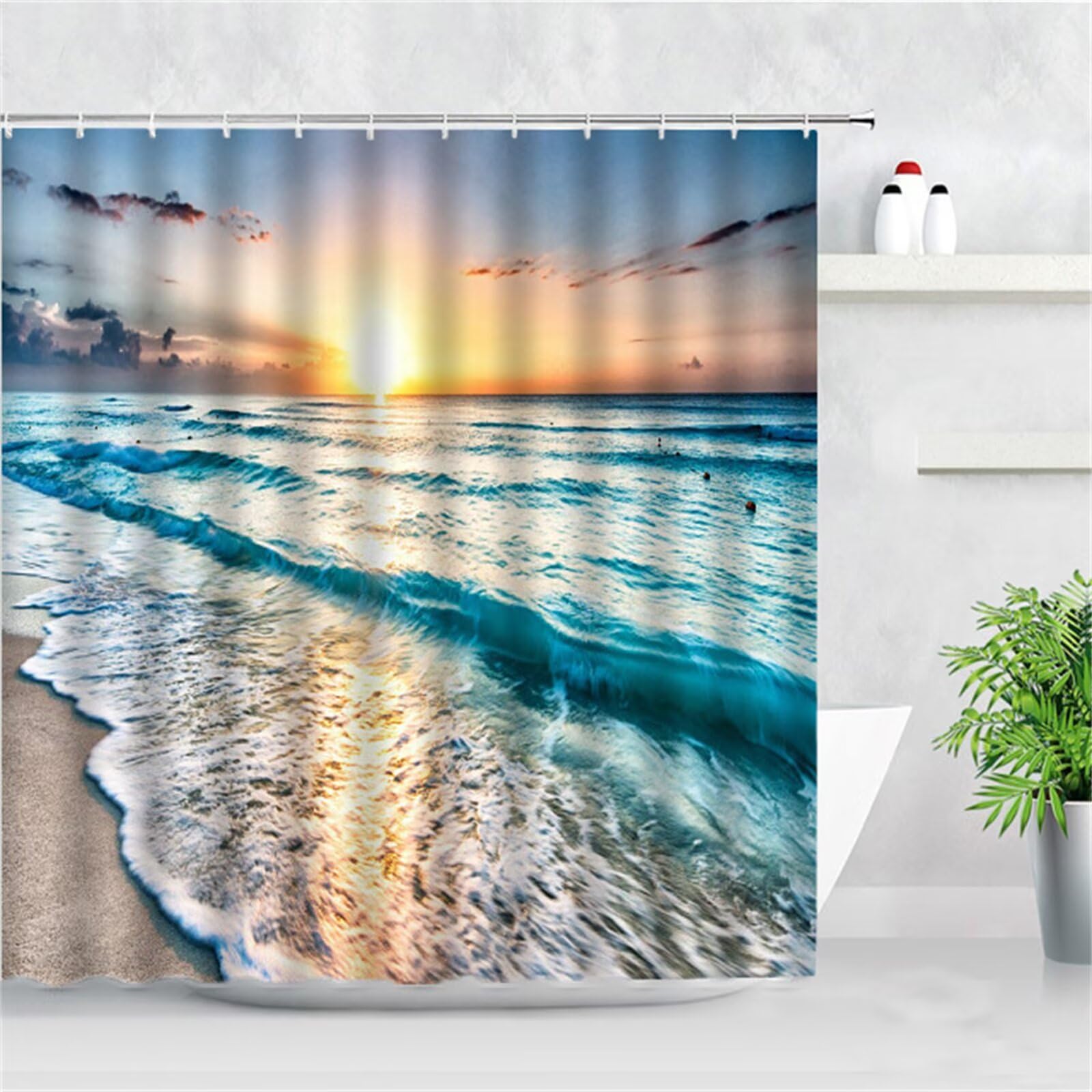 Plage du coucher du soleil Rideau Douche W180cm x L240cm Rideaux de Douche Anti Moisissure Tissu Imperméable avec Crochets,Rideaux Lourd Lavable,3D Shower Curtain Baignoire Salle de Bains Decor M-407