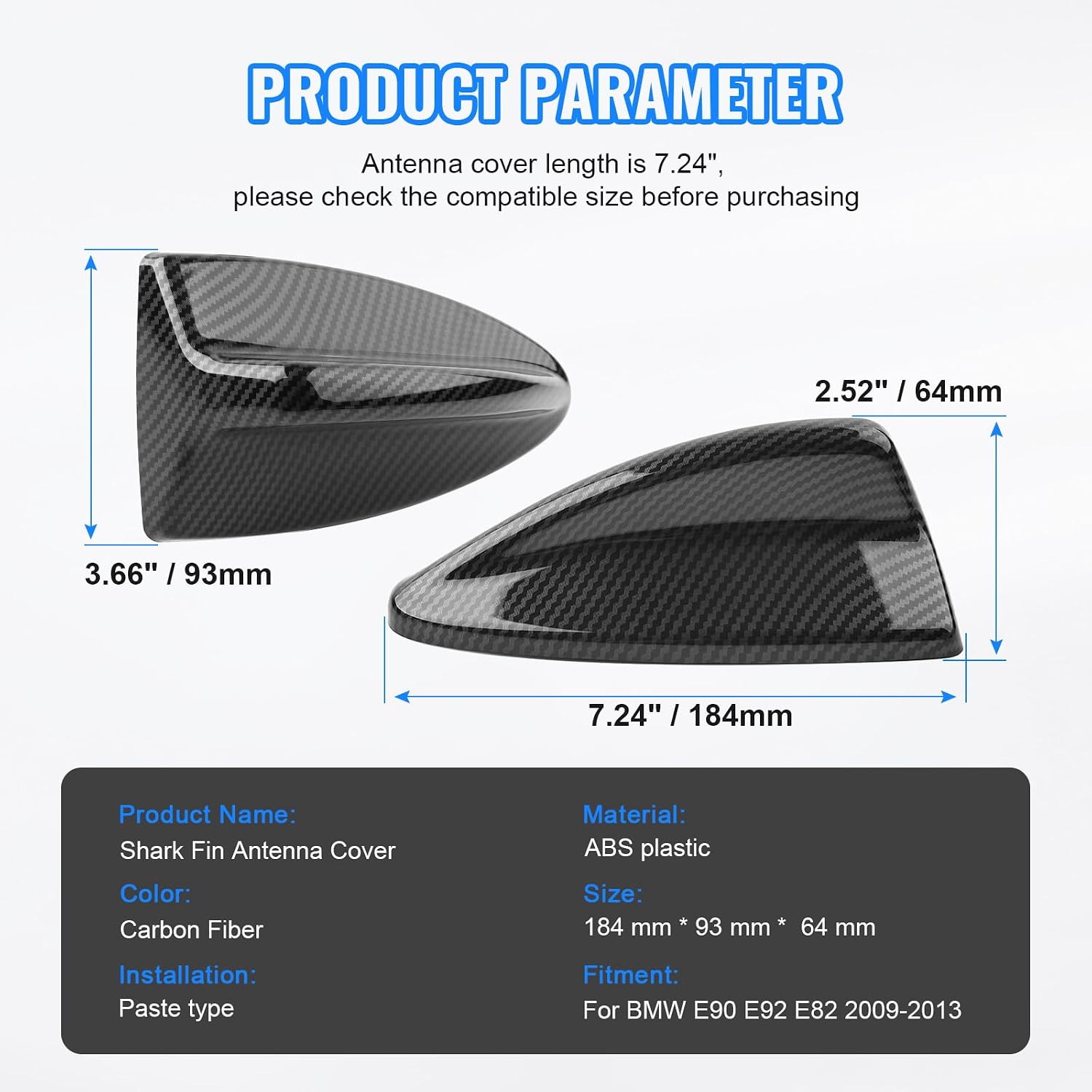 SIKUAI ABS Shark Fin Antenna Cover 184mm for BMW 3 Series E90 4 Door Sedan / E91 Wagon / E92 Coupe / 1 Series E82 2009-2013, 7.24 Inch Car Roof Antenna Cap Decor Replacement Trim Accessories