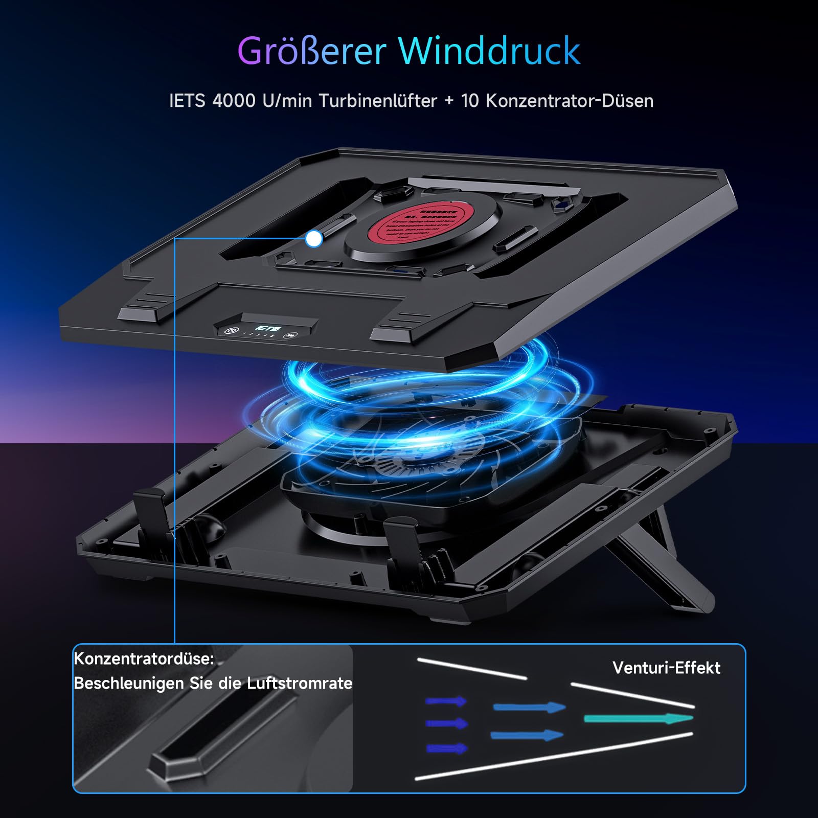 IETS GT300 Tapis de refroidissement amélioré pour ordinateur portable avec support réglable, refroidisseur turbo pour un refroidissement rapide, pour ordinateur portable de jeu de 10-17 pouces, joint