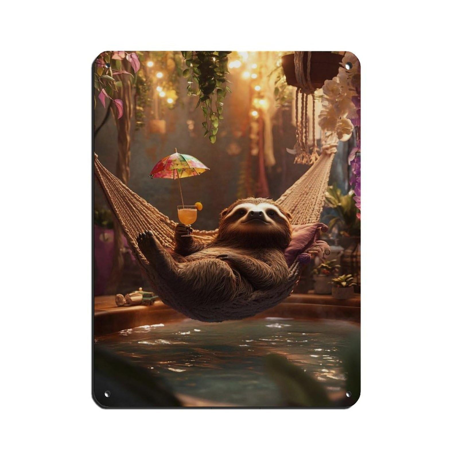 Lxwnze 30L X 40W Cm Relaxing Sloth, Cute Sloth Hammock Retro Poster Metal Tin Sign Chic Art Retro Iron Painting Bar People Cave Cafe Family Garage Poster Wall Decoration 12X16inch(30X40cm)