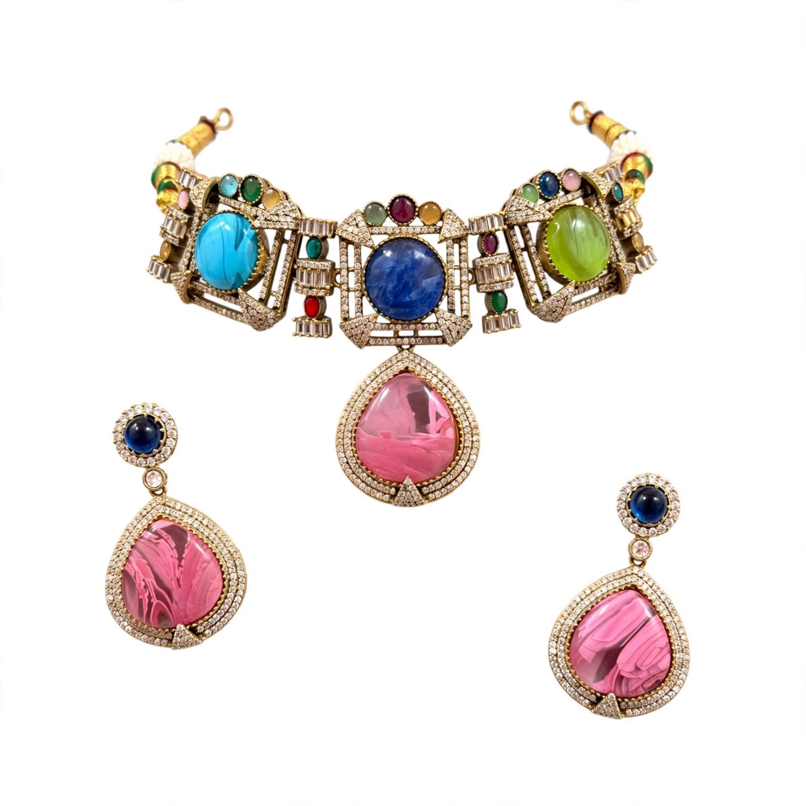 Kundan Jewellrs - Juego de gargantilla multicolor de piedra doble con