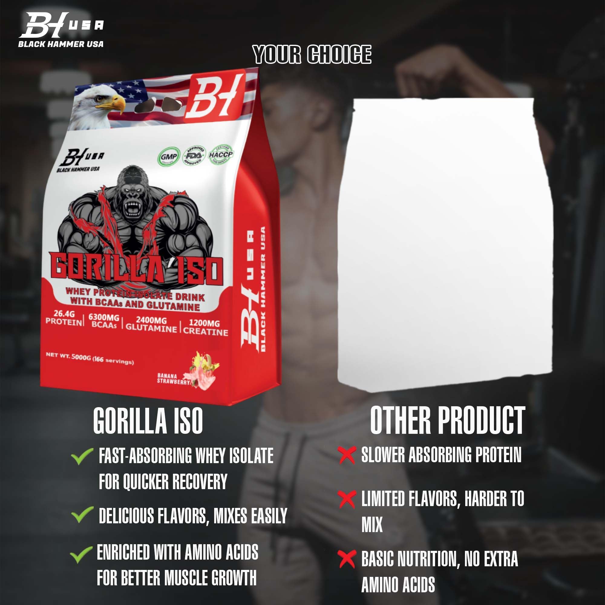 Gorilla ISO Whey Protein Isolat 10 kg (2 x 5 kg) – Banane-Erdbeere & Schokolade – 26,4 g Protein, 6,3 g BCAA, 12,66 g EAA, Kreatin & Glutamin – Black Hammer USA