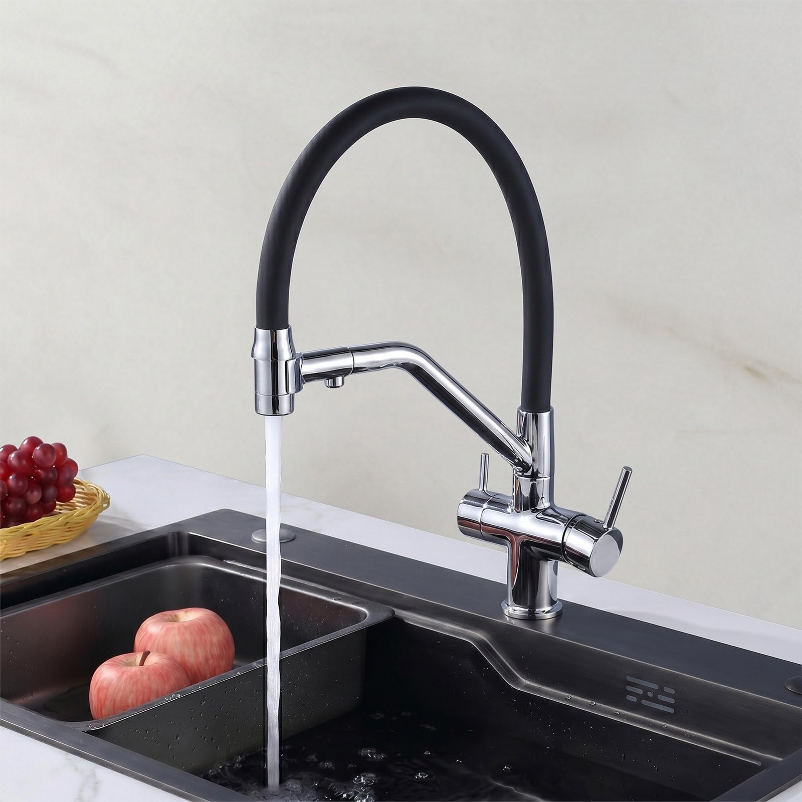 Grifo de Cocina con Ducha Extraíble, Grifos Cocina de Latón con 2 Modos de Chorro, Fregadero Mezclador Giratorio 360° Agua Fría y Caliente con Tubos, Kit de Instalación Completo