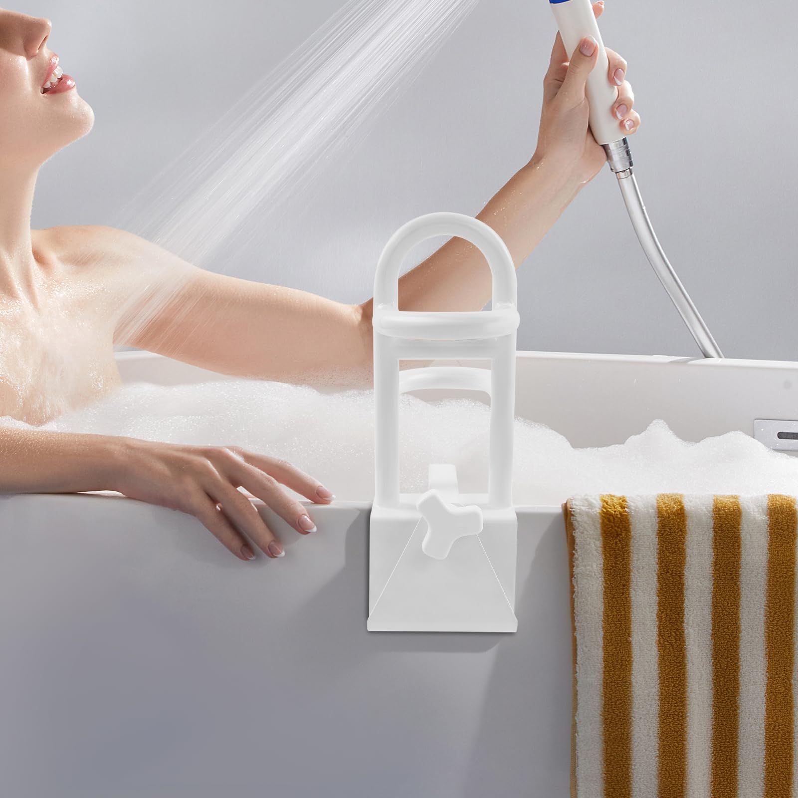 Mango de bañera con asa y bandeja de jabón, ayuda para entrar en la bañera para personas mayores, ayuda de baño antideslizante con fijación ajustable, ayuda para entrar en la bañera sin taladrar