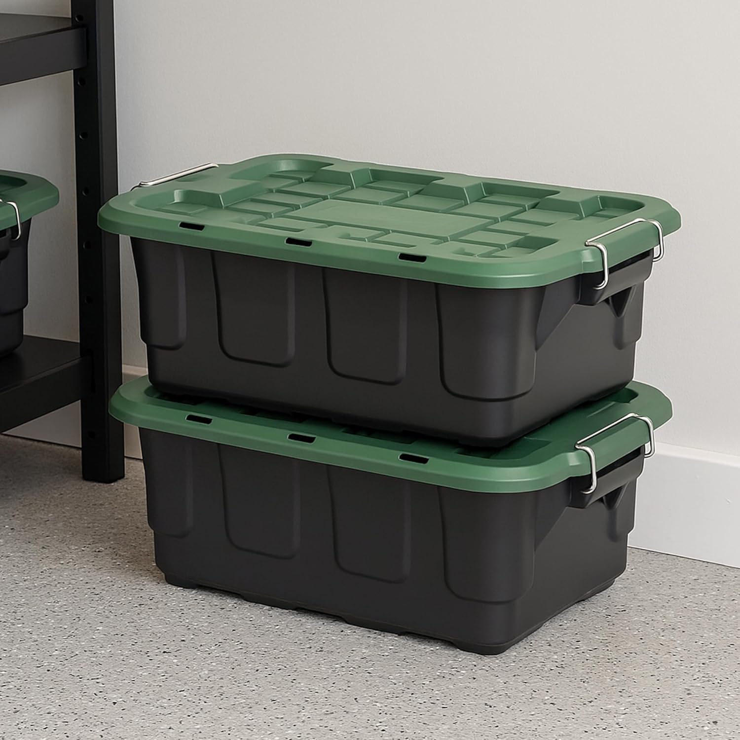 HOMZ 2 Pack 10-Gallon Plastic Stackable Storage Bin with Lid, Container Box with Latching Handles for Home Garage Organization, Black/Green