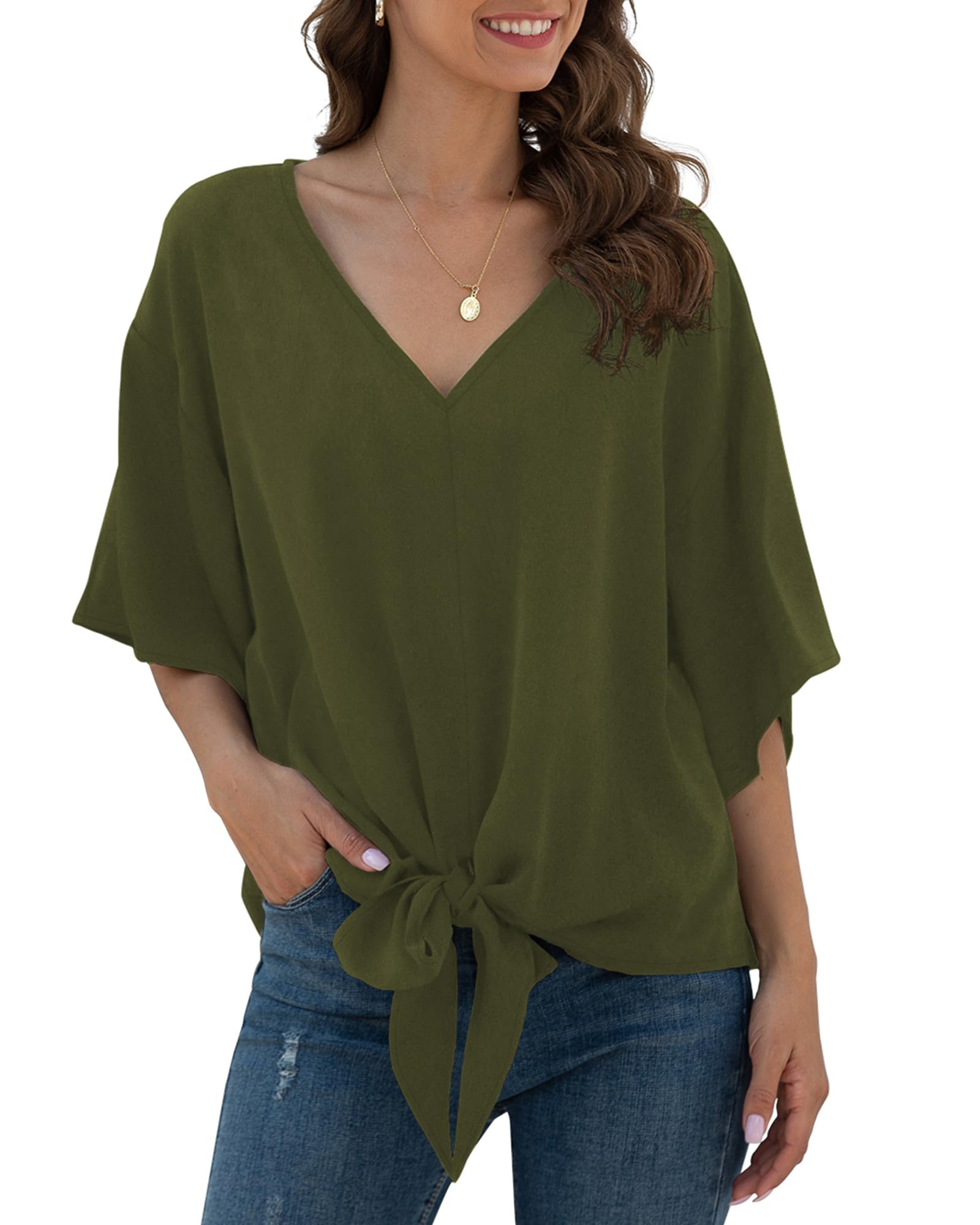 VIISHOW Womens Tie Front Chiffon Blouses V Neck Batwing Short Sleeve Summer Tops Shirts