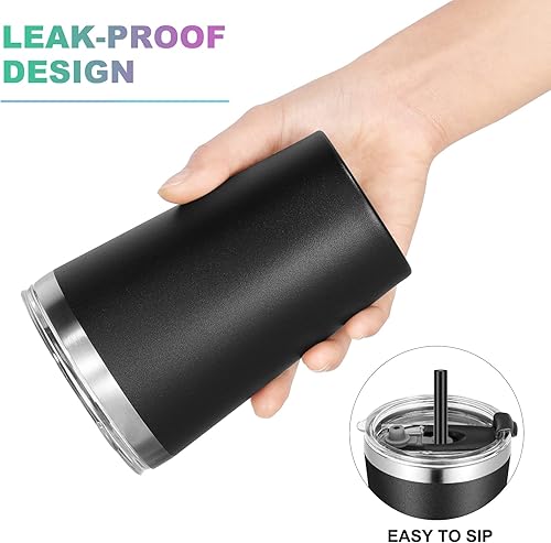 Miniatura 6 de VEGOND Vaso de acero inoxidable de 12 onzas con aislamiento al vacío de doble pared con tapa y pajita, reutilizable, color negro, paquete de 6