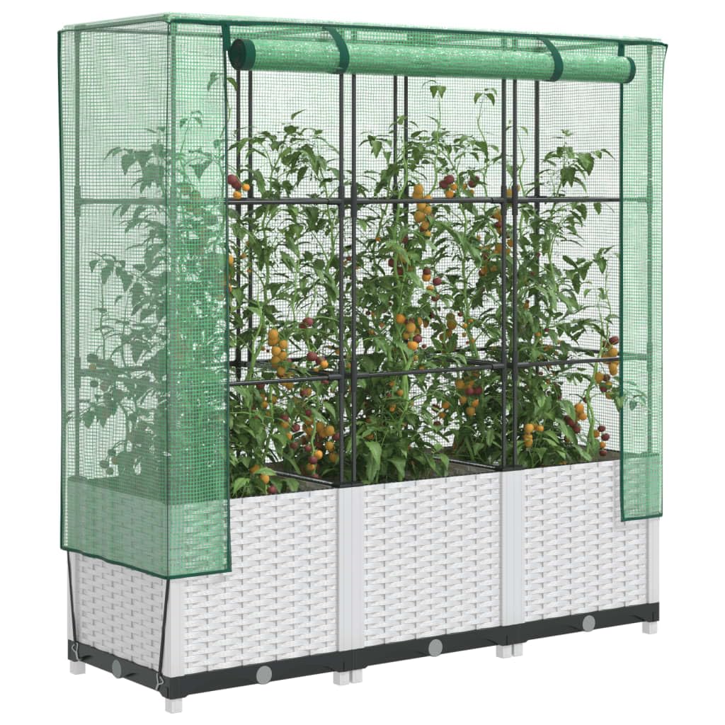 Homgoday Hochbeet mit Gewächshaus-Aufsatz Pflanzkasten Gemüsebeet Blumenbeet Blumenkasten Gartenbeet Pflanzbeet Frühbeet für Balkon Garten Terrasse Rattan-Optik 120x40x138 cm Weiß