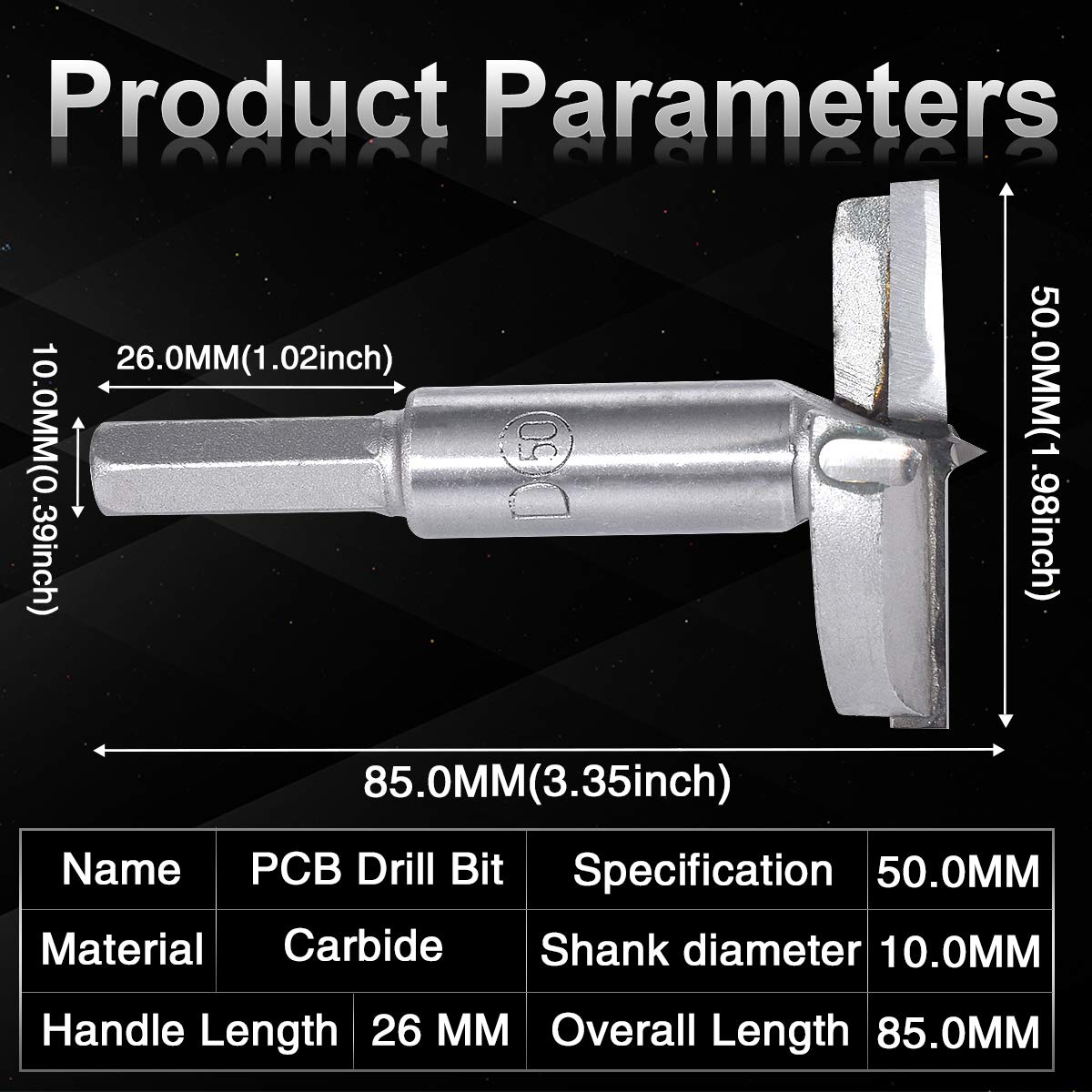 KATUR Punta da trapano a coclea Forstner 50mm, sega per foro per cerniera per alesatura per falegnameria, taglio con codolo tondo in metallo duro per cerniera, compensato, MDF, strumento CNC