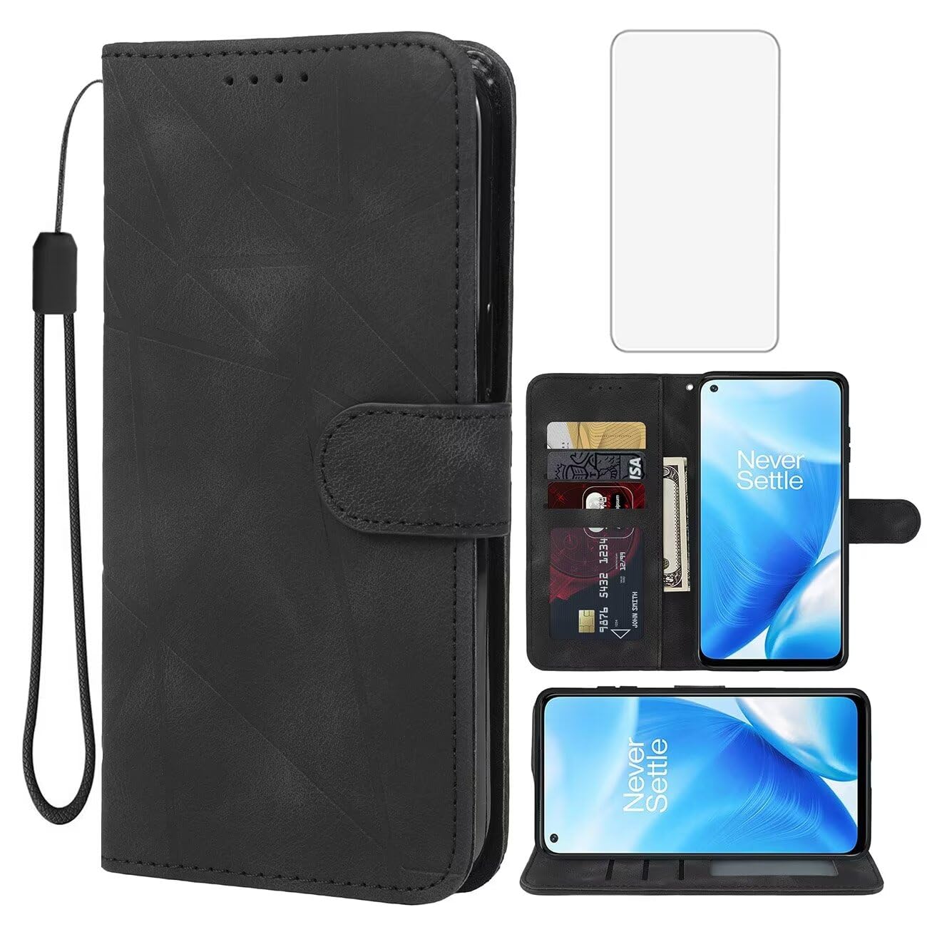 Wanyuexes Case for OnePlus Nord N200 5G Case, OnePlus N200 DE2117 Wallet Case with Tempered Glass Screen Protector, Leather Flip Credit Card Holder Stand Phone Cover for OnePlus Nord N200 5G Black