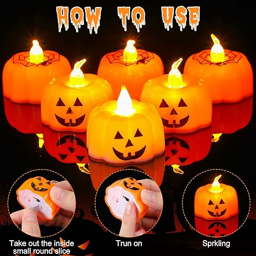 Miniatura 3 de VIHOSE 12 velas de calabaza de Halloween, decoración sin llama, parpadeantes, de calabaza, luces de té de calabaza Jack O Lantern, funciona con