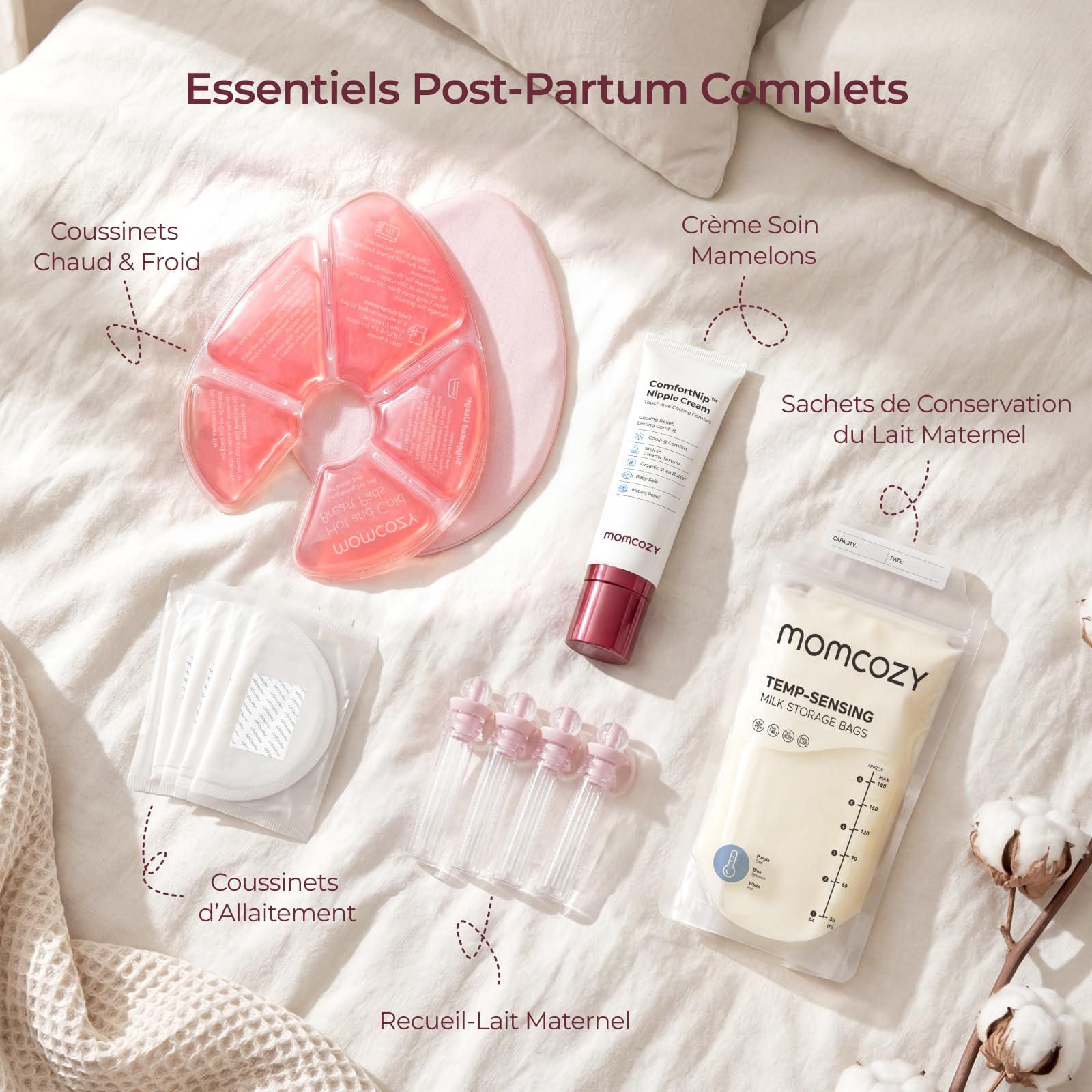 Momcozy Kit Post-Partum 73 Pièces pour Jeune Maman, Essentiels Allaitement avec Sachets Lait Maternel, Coussinets d’Allaitement, Compresses Chaud/Froid, Crème Mamelons, Collecteurs Colostrum