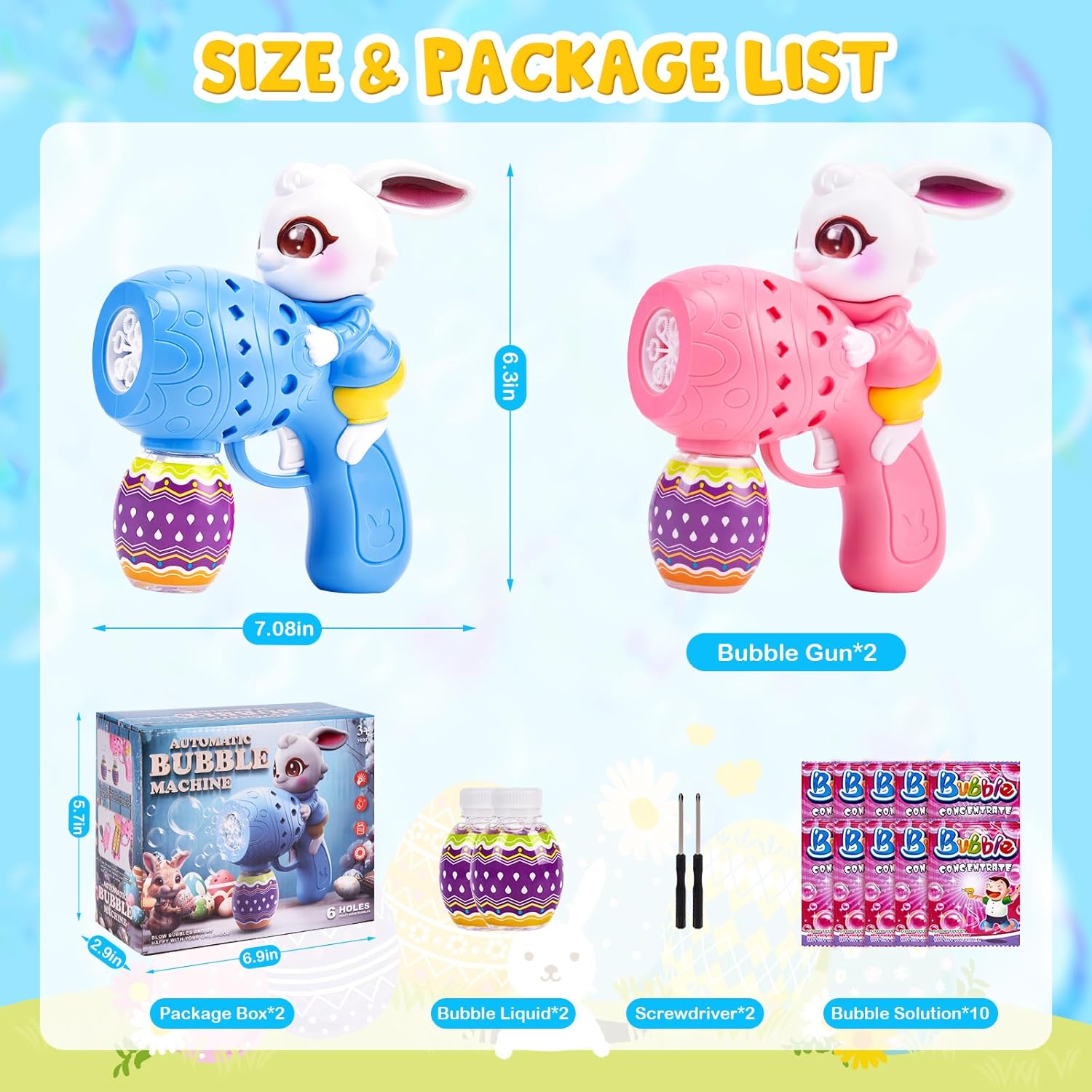 Easter Bunny Bubble Gun for Kids, 2 Pack Rabbit Bubble Machine Kit for Toddlers, Easy One-Button Operation, Easter Basket Stuffers Gift