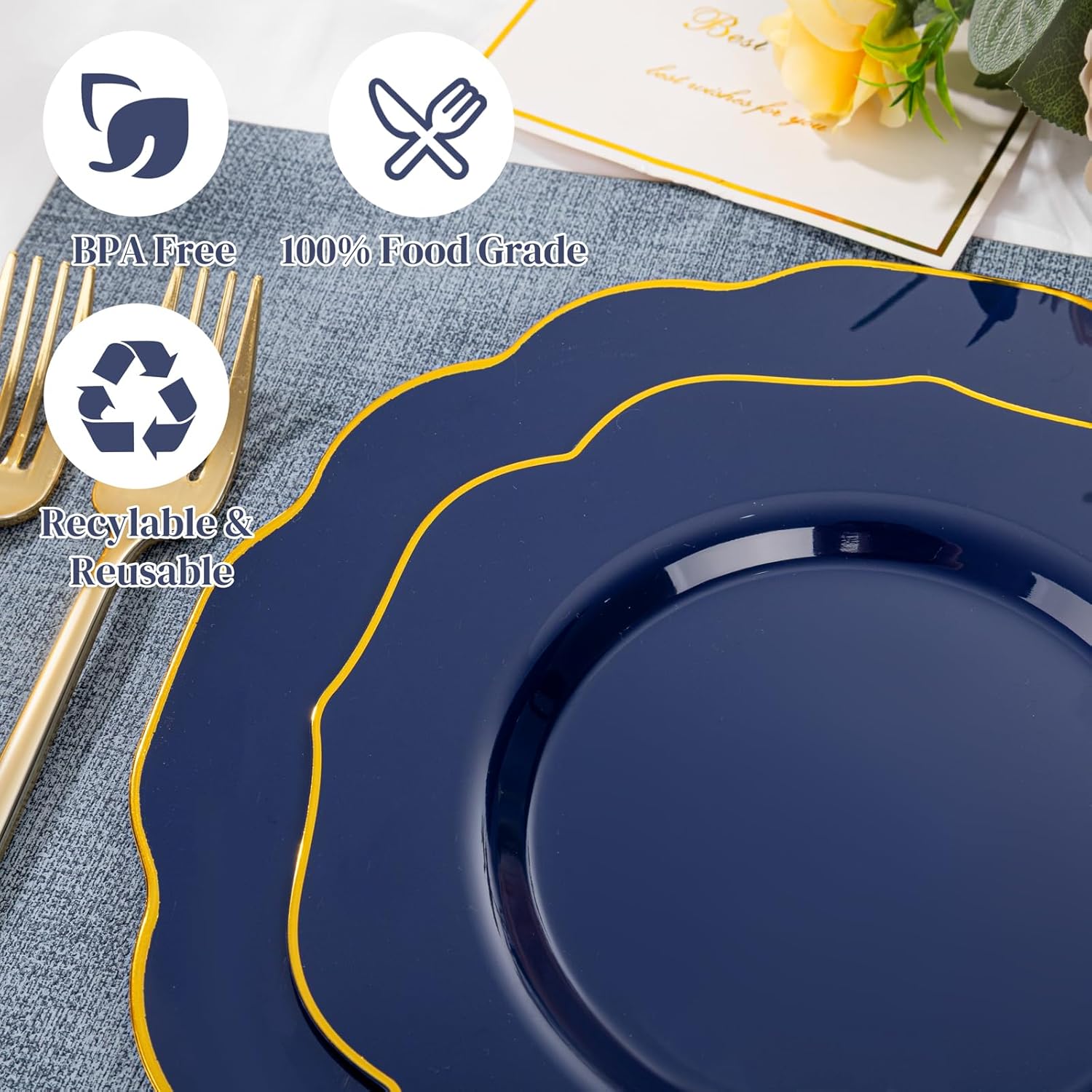 bUCLA 180PCS Blue Plastic Plates - Navy Blue and Gold Rim Disposable Include 30 Each (Dinner & Dessert) Plates, 30 Knives, 30 Forks, 30 Spoons and 30 Cups, Ideal for Party, Gathering and Hanukkah - Image 3