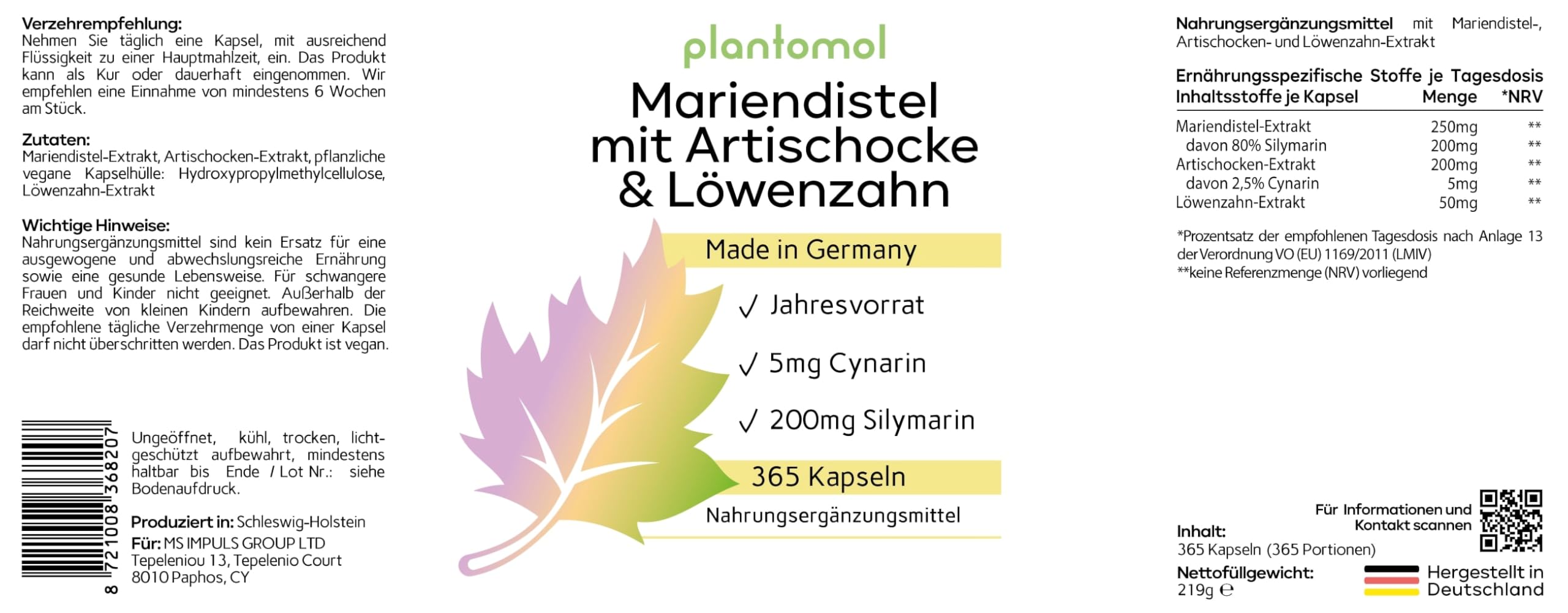 Mariendistel Komplex Hochdosiert – 365 Mariendistel Leber Komplex Kapseln – JAHRESVORRAT mit Artischocken Extrakt & Symarin als Leber Komplex Kapseln – Milk Thistle Capsules – 1 Kapsel/Tag